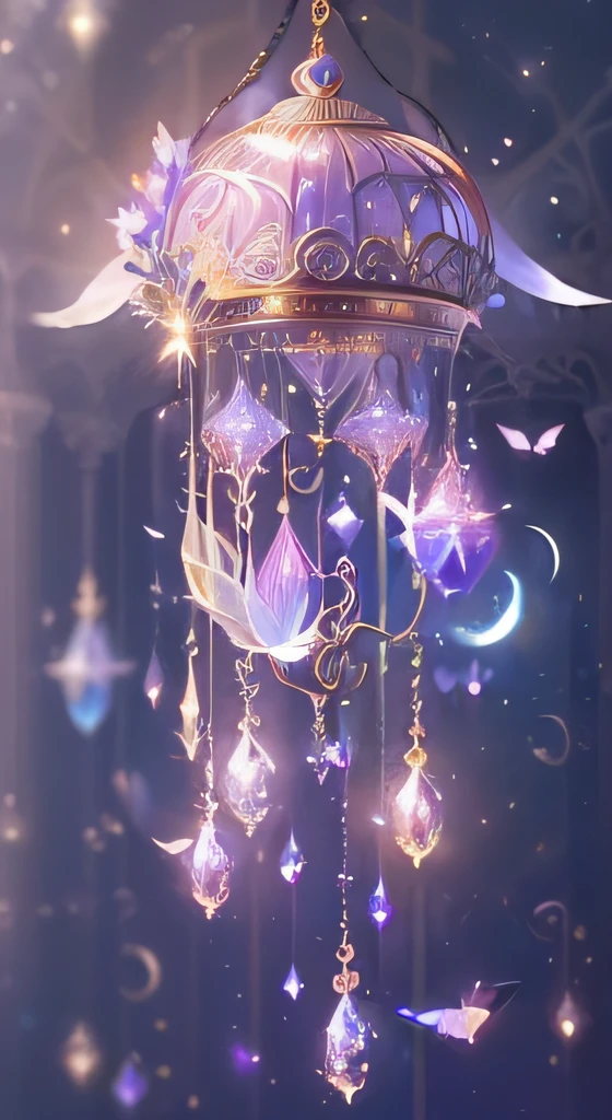 There is a birdcage，There are a lot of crystals hanging on it, Beautiful kawaii lighting, concept art magical highlight, dreamy and detailed, sailor moon aesthetic, fantasy gorgeous lighting, Beautiful fantastic lighting, ethereal anime, very magical and dreamy, ✨🕌🌙, Magical background, ethereal essence, magical details, magical lighting, anime art nouveau cosmic display