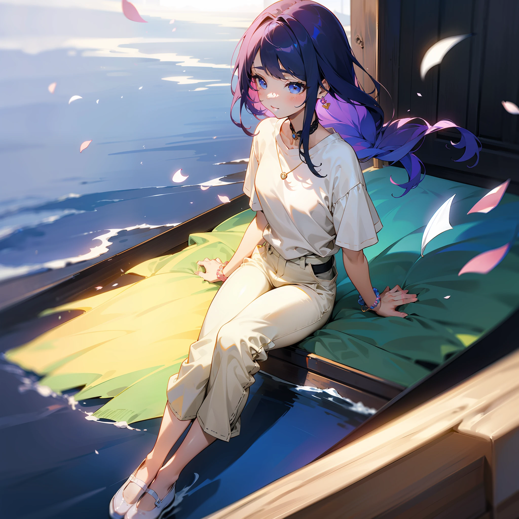 （Extreme Detail CG Unity 8K Wallpapers，tmasterpiece，Highest image quality)，(Delicate light and shadow，The picture is highly dramatic，Cinematic lens effect)，The familiar tsundere childhood sweetheart next door、She has a beautiful and delicate face，Good looks，Delicate facial features。Big eyes of the water spirit、long eyebrow、Long colored hair、with fair and smooth skin、healthy, Youthful tone、Sweet smiling、Wear a comfortable shirt、Knitwear or T-shirts，Wear yours with jeans、Short skirts or long pants、Clothing colors favor soft and warm colors，For example, Light pink、pale-blue、Beige, etc，Wear small, delicate accessories，For example, Thin chain necklace、Small earrings or simple bracelets，Wear comfortable and stylish shoes，Love flats、Small white shoes、Chips where petals fall、a sense of atmosphere、中景 the scene is、full bodyesbian