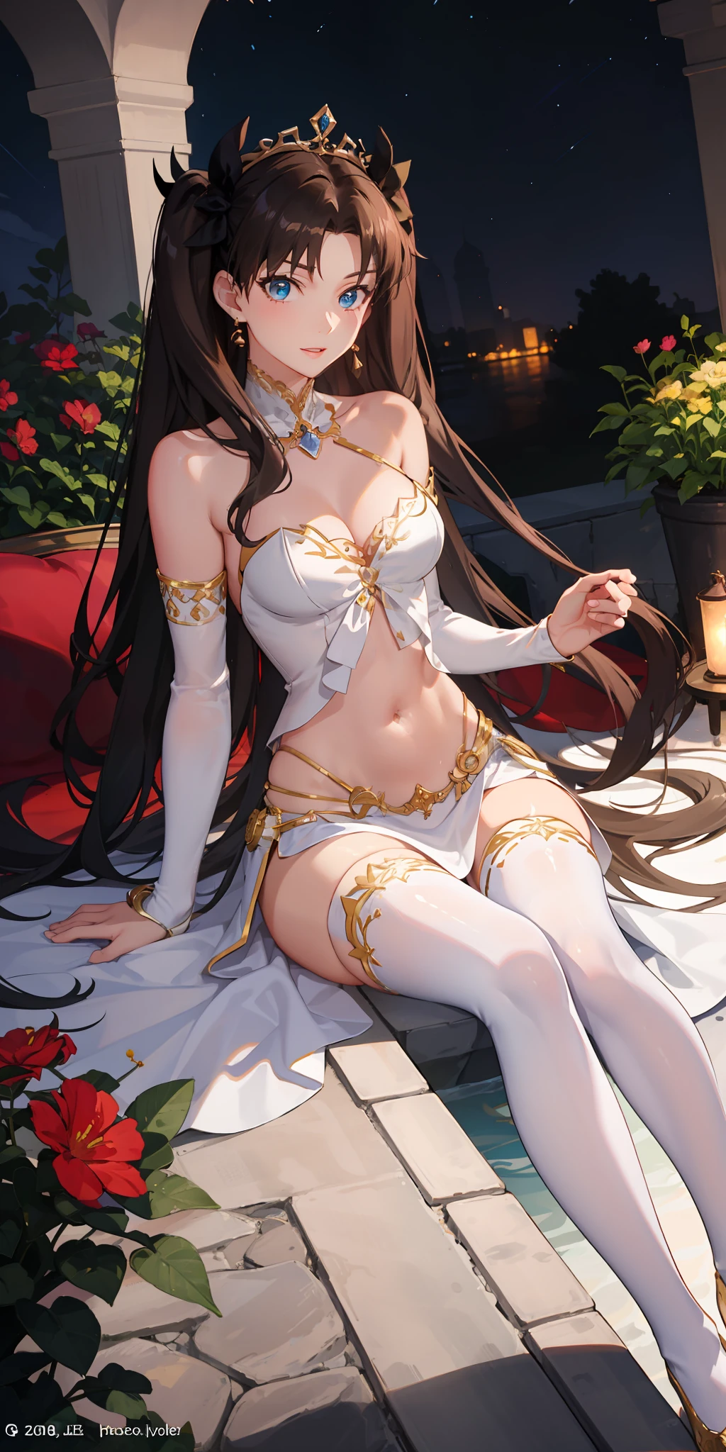 long hair, black hair, medium breast, slim legs, happy, white gown, cleavage, arabian belly dancer , skirt, rin tohsaka, twin tail, navel, garden, night, blue eyes, tiara, sitting, thigh high socks