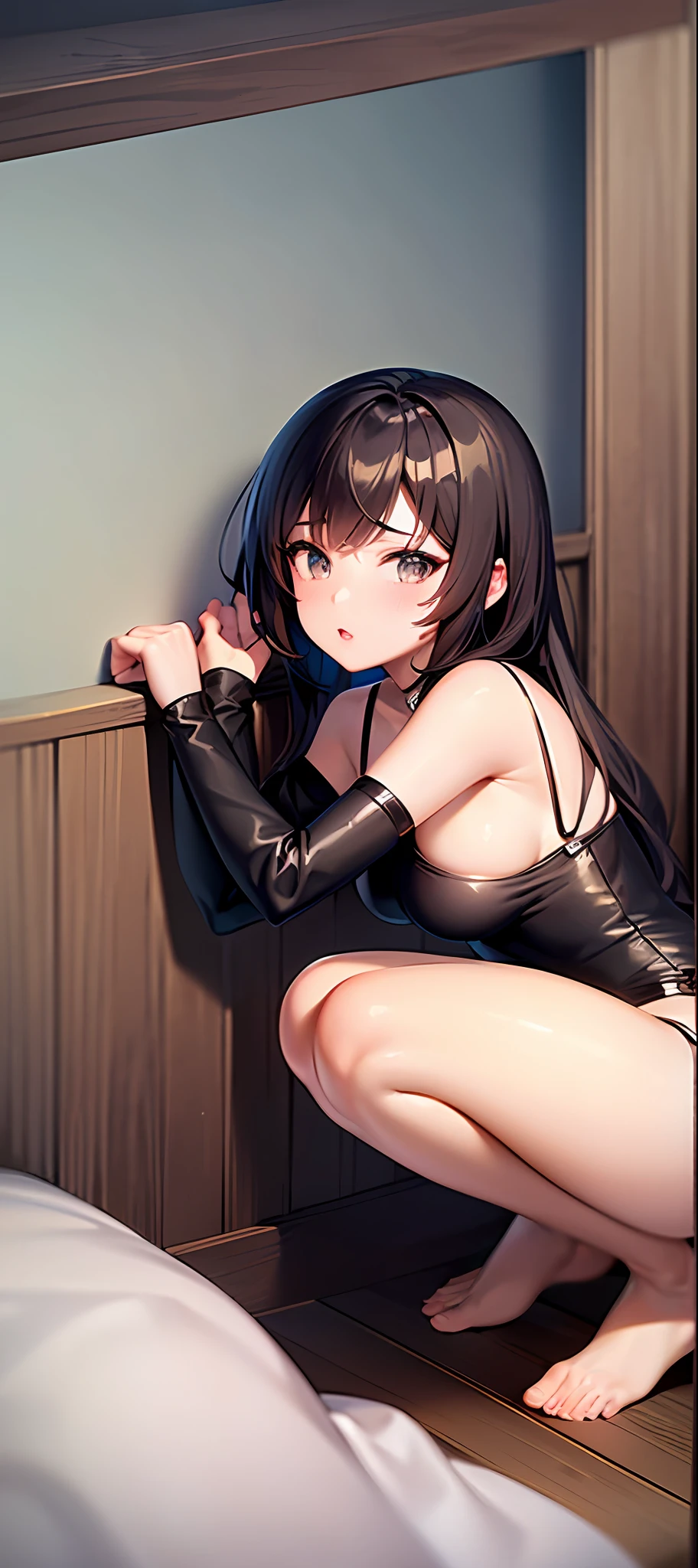 Anime girl lying on bed，The ass is in underwear, seductive anime girls, small curvaceous , beautiful anime girl crouching, the anime girl is crouching, anime moe art style， style of anime, Smooth anime CG art,nedium breasts，cleavage
