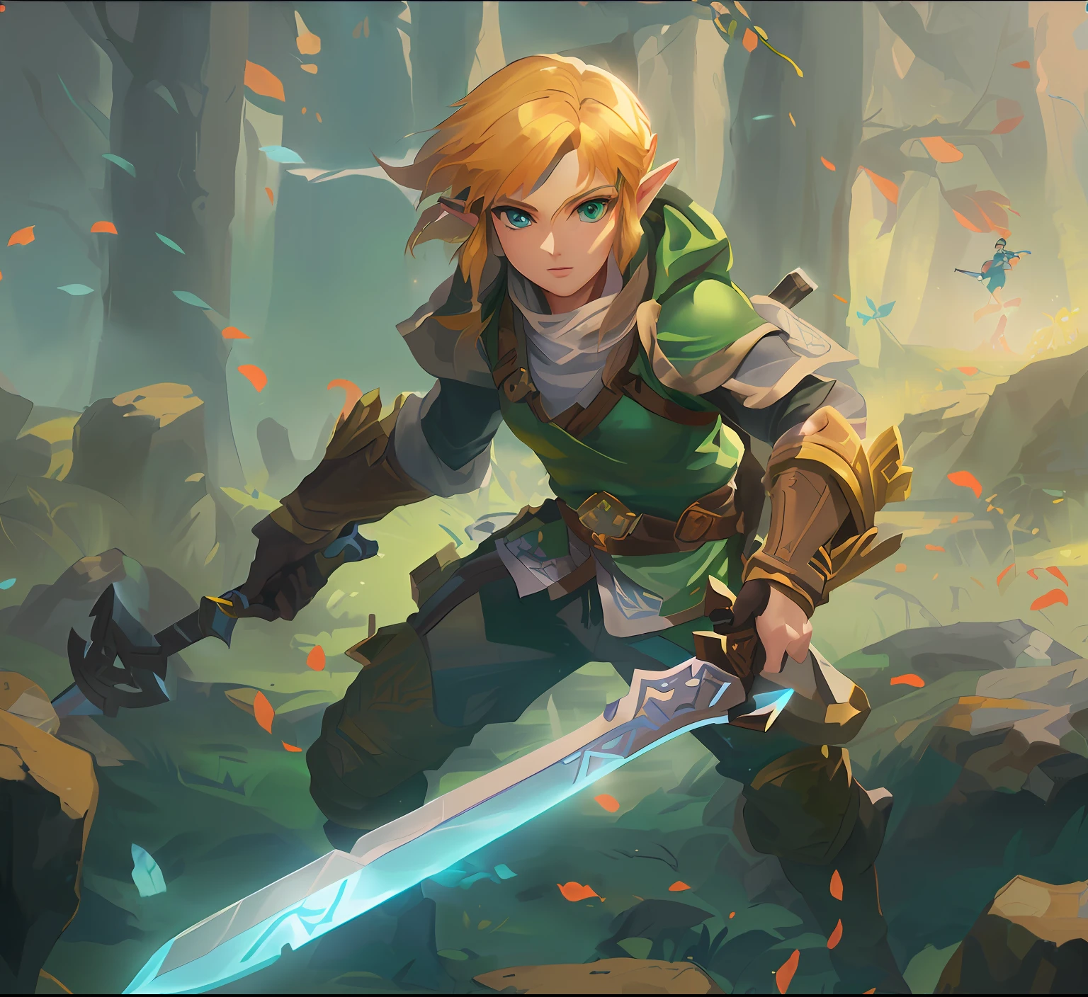 arafed image of a female character holding a sword in a forest, a portrait of link, zelda style art, link from the legend of zelda, link from zelda, a blonde emerald warrior, link in a cave, breath of the wild art style, legend of zelda, zelda, botw style, hero 2 d fanart artsation, botw