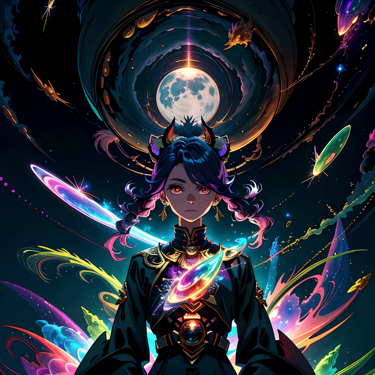 (best qualtiy,tmasterpiece)Monsters that fly with wings,Hovering over the Milky Way,Digimon,manticore,humongous large breast,Pink eyes,The eyes are shining,(moon full:1.2),(meteors:0.9),(meteorite:1.3),(moons:1.3)(blasts)destructive forces,Tree BREAK making art,(Warm light source:1.2),lamp lights,Complicated details,Volumetric lighting BREAK(tmasterpiece:1.2),(best qualtiy),4K,ultra - detailed,(dynamic compositions:1.4),detail-rich,plethora of colors,(Irridescent color:1.2),(with light glowing,Atmospheric lighting),Dreamlike,magical,(独奏:1.2)