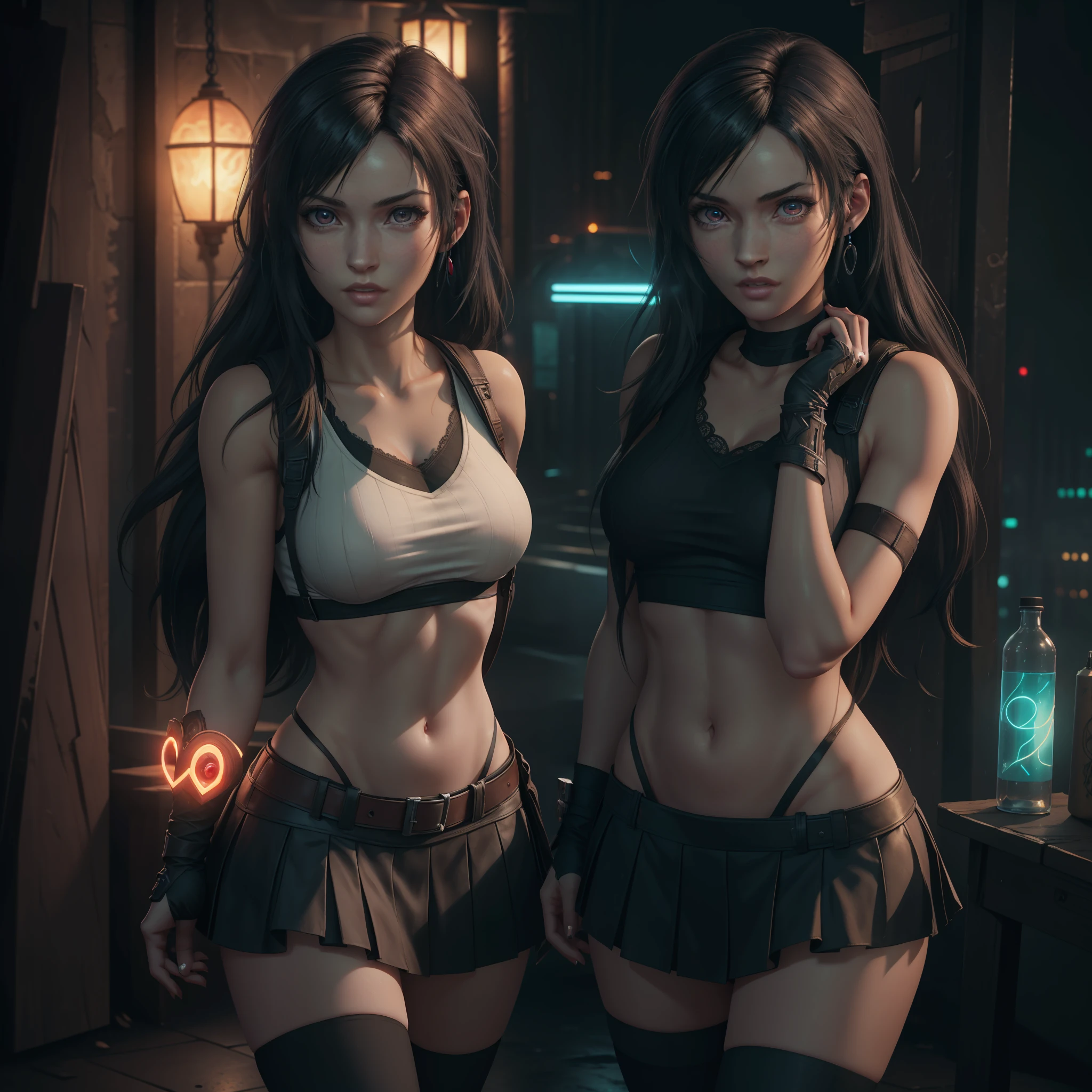 Photorealistic,Realistic illustration in Manga style,((Masterpiece)),((Best quality)),((Ultra detailed)),((Perfect anatomy)),((Perfect hands)),Cute_face,Exceptionally Beauty Waifu Megan Fox in Cosplay of Tifa Lockhart from Final Fantasy 7 Remake,((Only)),in a beautiful Schoolgirl uniform with heart lace and glowing crystals,black socks,light-red_eyes,wavy hair,eyeliner,Cute Makeup,with looking with lovingly,((Perfect Detailed Eyes)),in a Cyberpunk City with neon lights,rainy outside,night,((Extremely CG Unity 8K Wallpaper)),Intricate Detailing,Extremely beautiful and aesthetic,Octane Rendering,Full Body Portrait,damp skin,((Perfect Detailed Body)),