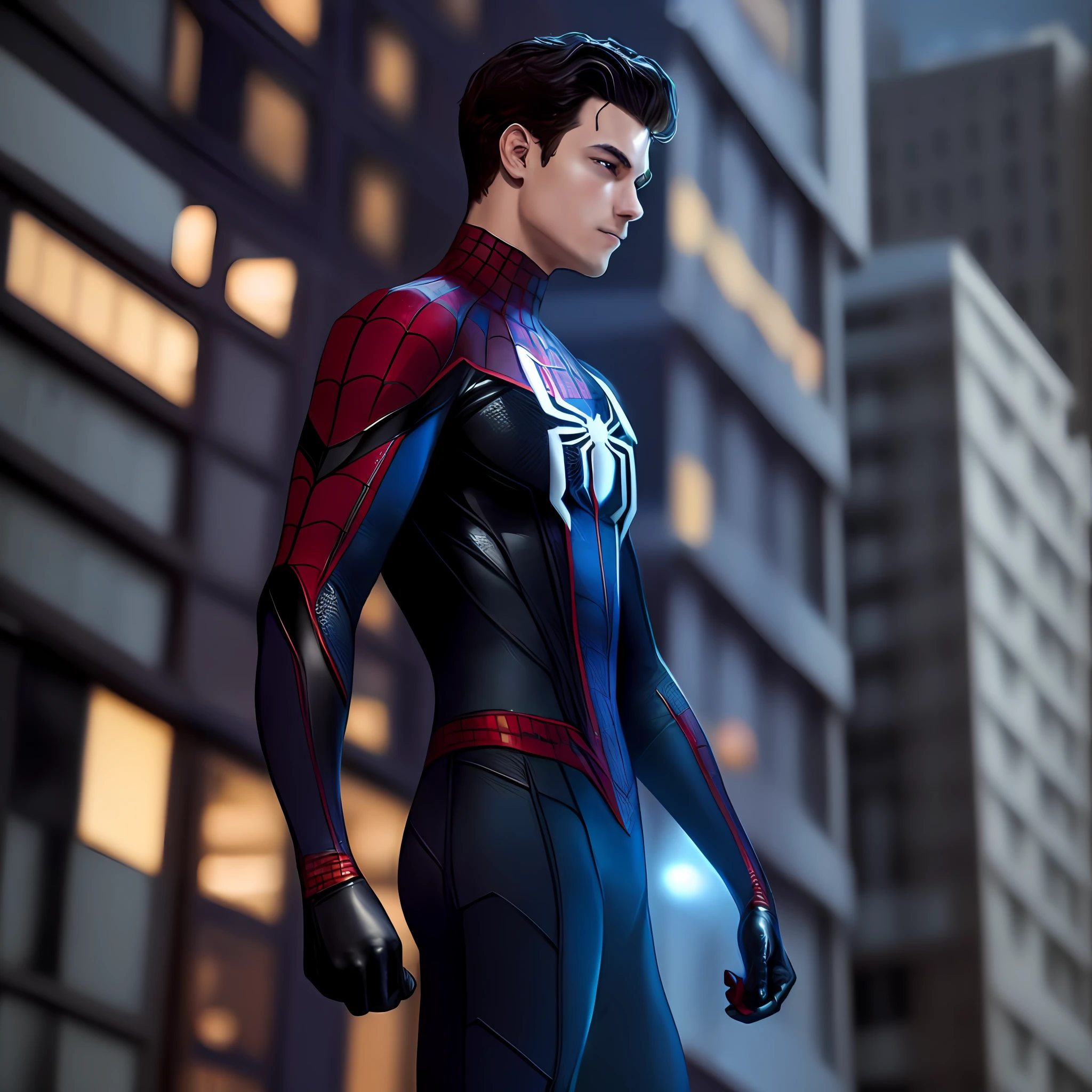 A closeup of a person in a spider costume - man standing in front of a building, Pedro Parker, Aranha altamente detalhada - Man, Estilo futurista