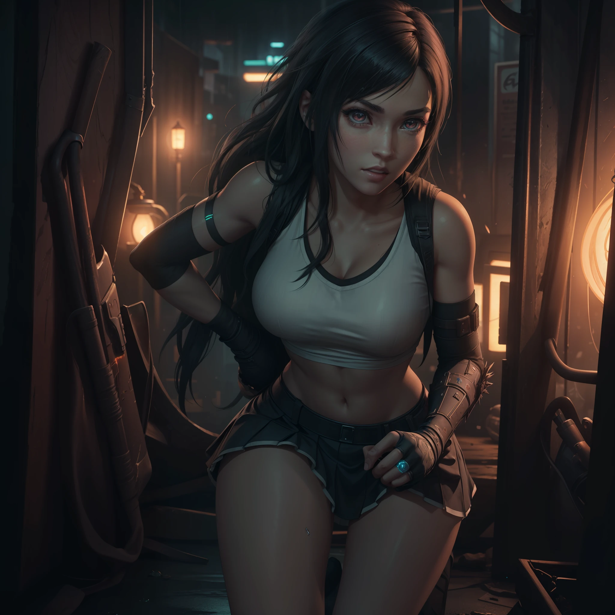 Photorealistic,Realistic illustration in Manga style,((Masterpiece)),((Best quality)),((Ultra detailed)),((Perfect anatomy)),((Perfect hands)),Cute_face,Exceptionally Beauty Waifu Megan Fox in Cosplay of Tifa Lockhart from Final Fantasy 7 Remake,((Only)),in a beautiful Schoolgirl uniform with heart lace and glowing crystals,black socks,light-red_eyes,wavy hair,eyeliner,Cute Makeup,with looking with lovingly,((Perfect Detailed Eyes)),in a Cyberpunk City with neon lights,rainy outside,night,((Extremely CG Unity 8K Wallpaper)),Intricate Detailing,Extremely beautiful and aesthetic,Octane Rendering,Full Body Portrait,damp skin,((Perfect Detailed Body)),