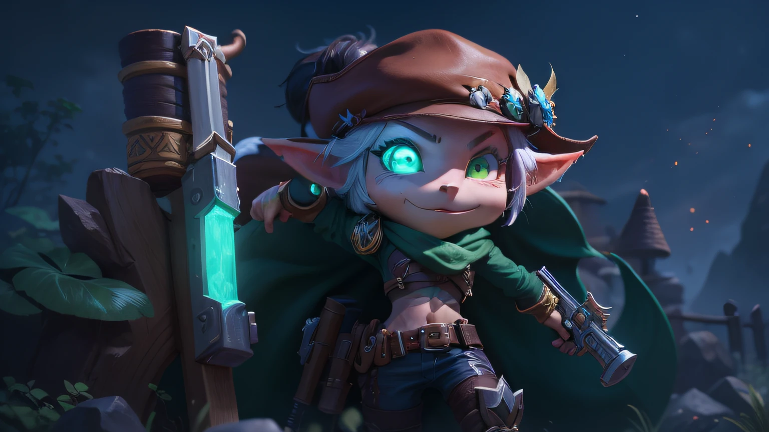 A closeup of a person with a gun and a hat, pele bronzeada, um pirata goblin, Teemo, Piltover, Engenheira Gnome Feminina Musculosa, Teemo de League of Legends, Astri Lohne, Retrato de Jinx de Arcane, jinx arcano, jett de valorant, Estilo League of Legends, Fenda Selvagem, Lalafell