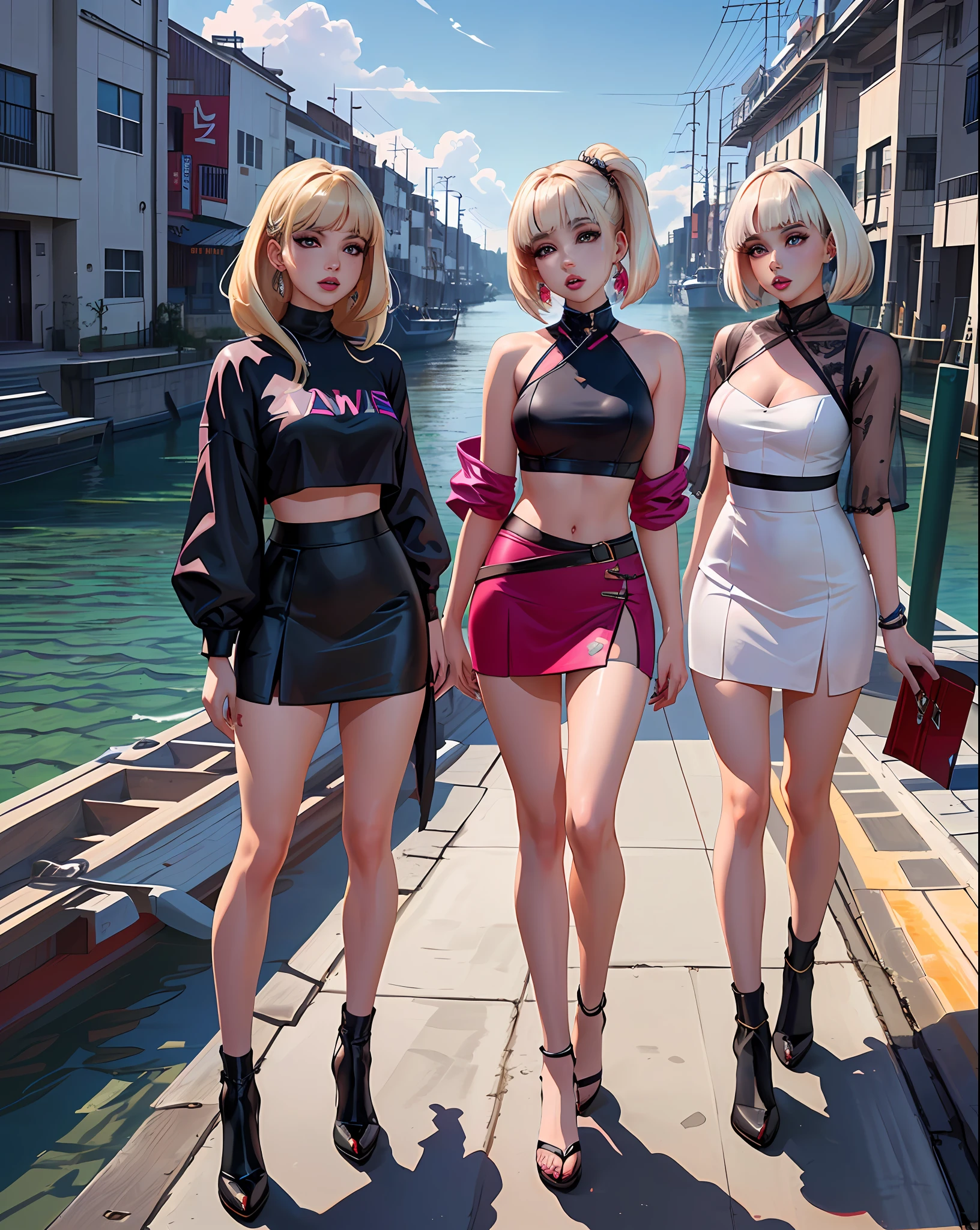 three women in short dresses posing for a picture on a boat, blackpink, trending at cgstation, trending on cgstation, album art, korean idol, sexy style, profile pic, (digital art), cgcosiety, jia, ava max, leaked image, luts, taken in 2 0 2 0, wearing crop top and miniskirt