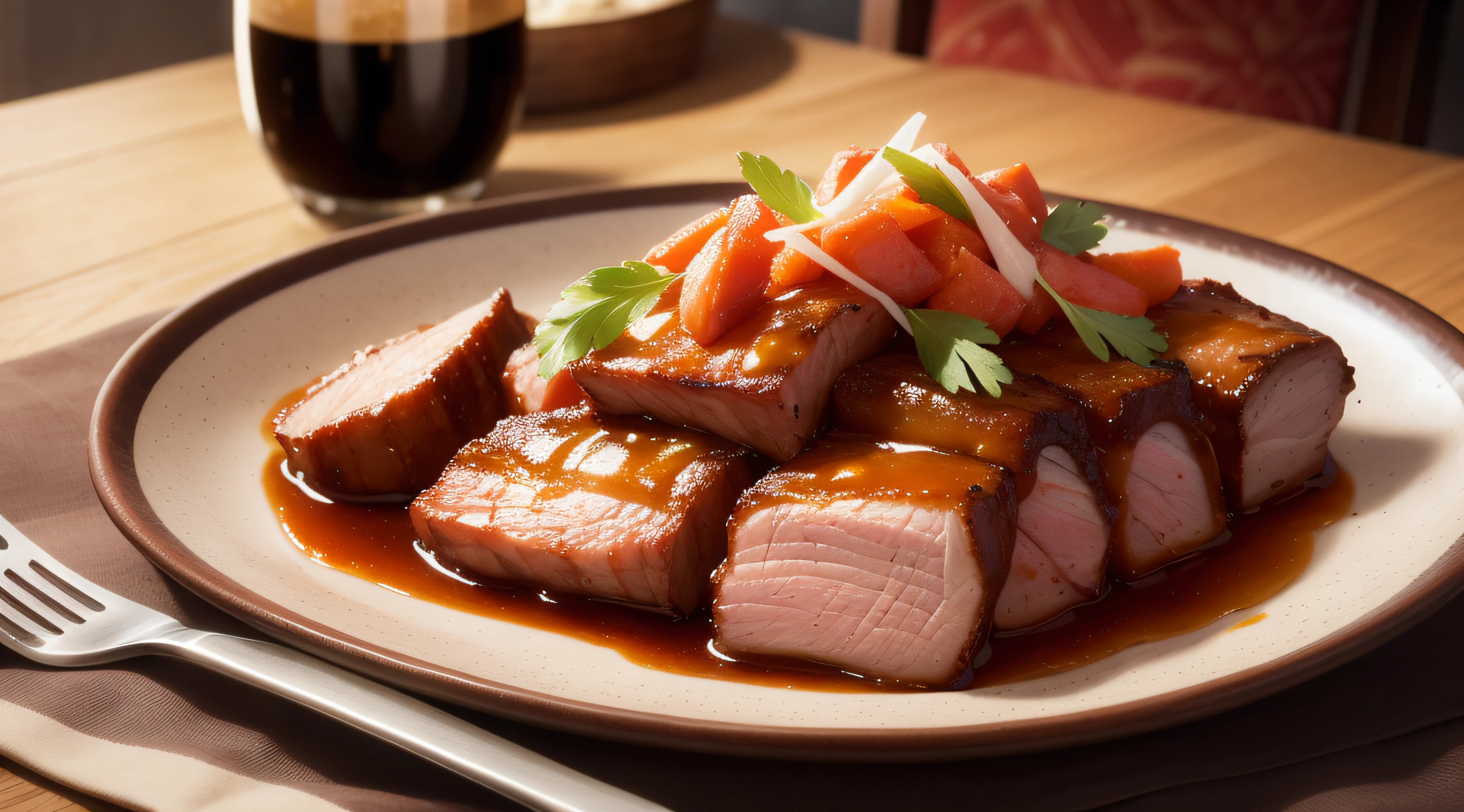 delicacies, A plate of braised pork in the East, plethora of colors, Realiy, Fujifilm, Surrealism, film grain, UHD, masterpiece, ccurate, highres, 8k