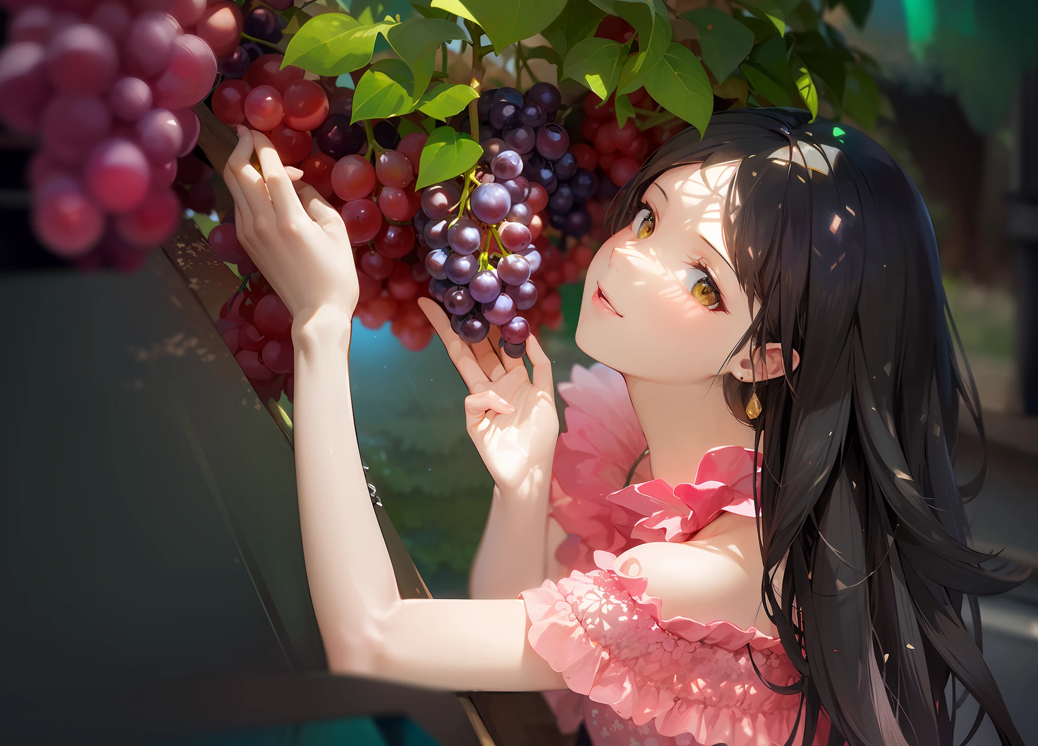 stage lighting,vine yards,The girl looked at the grapes happily,(Mottled sunlight,llight rays,Caustics:1.2),(irridescent:1.0),(Beautiful detail halo:1.0),Bright background,Small earrings, small necklace, summer morning, Guibli,, Blue sky, Red dress