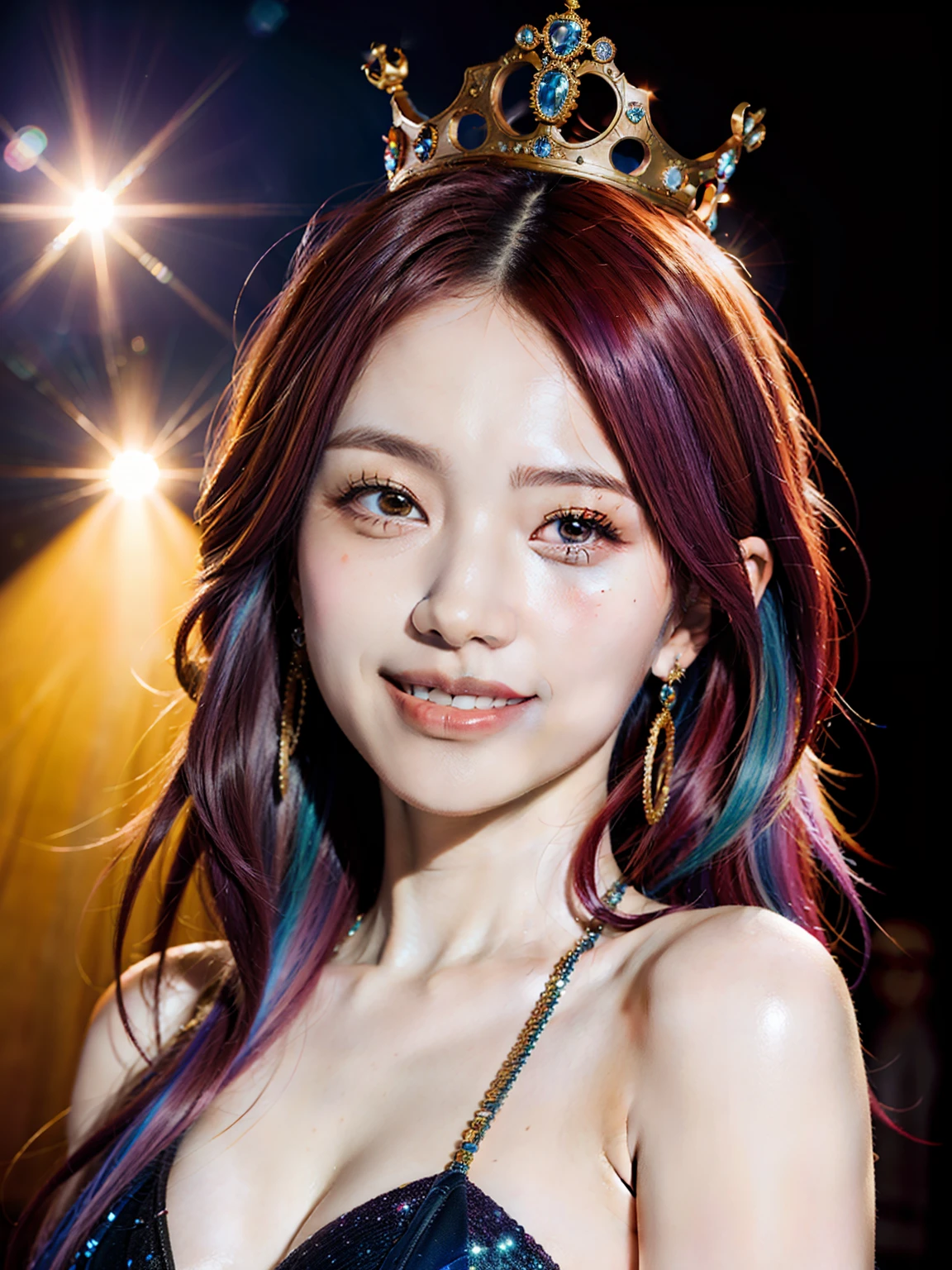 Color hair, crown, Rolling eyes, Smile, surrealism, Depth of field, character sheets, Sony FE GM, Close-up, Lens flare, hyper HD, Masterpiece, Textured skin, High quality