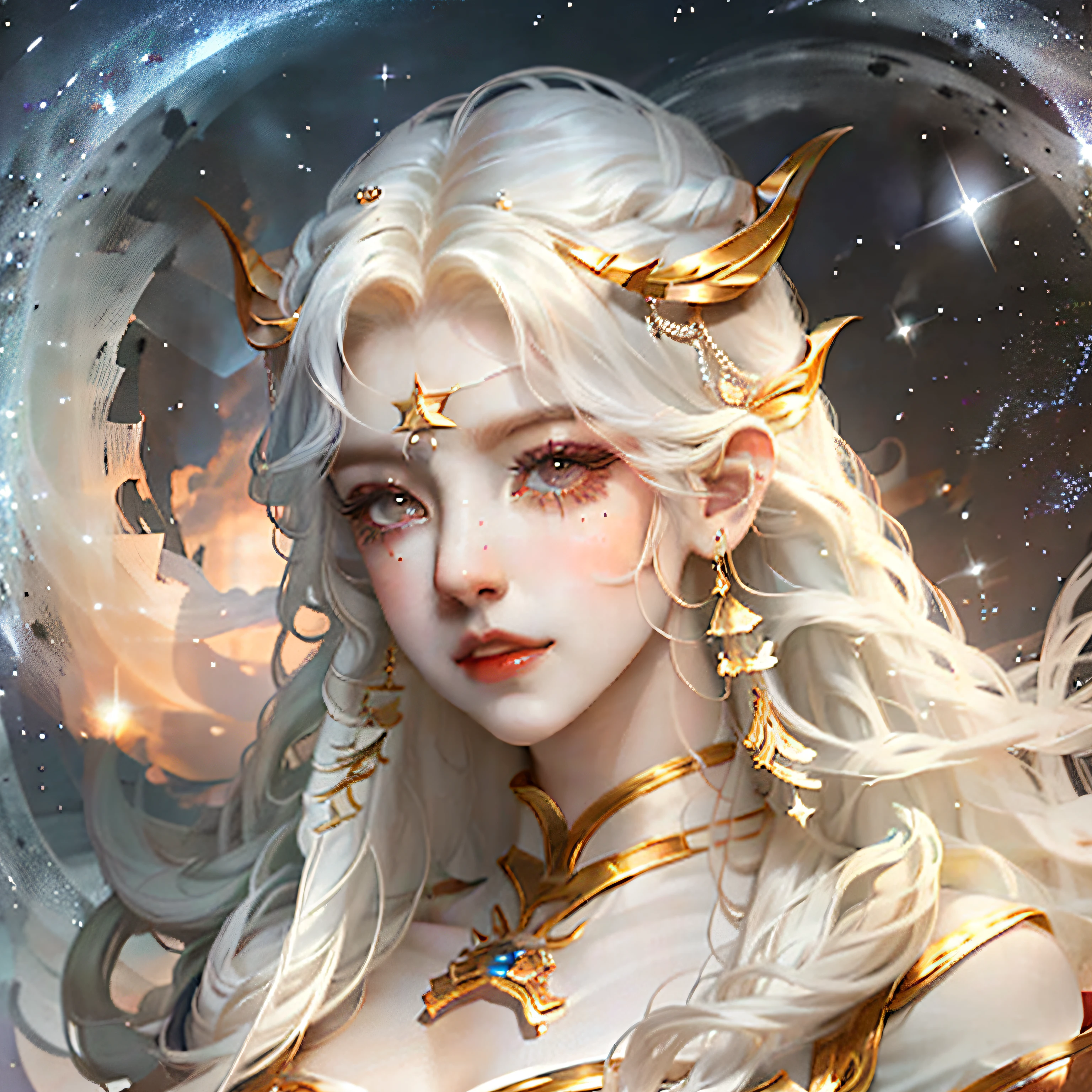 aries constellation，female pervert，white color hair，Riding on Aries，background starry sky，The stars shine