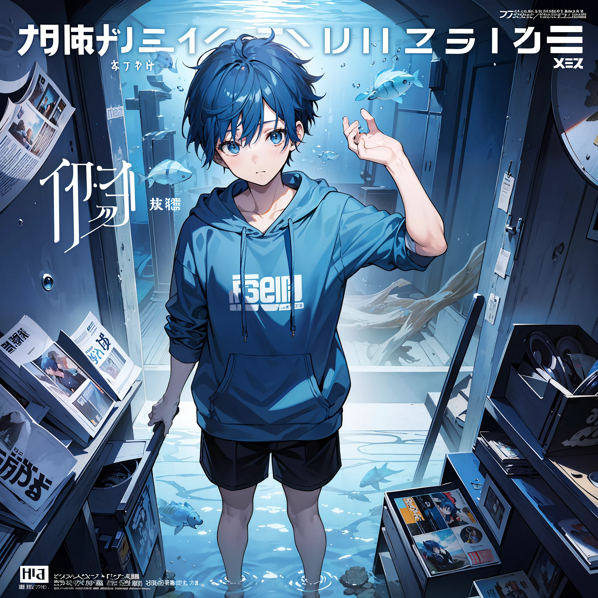 masterpiece, best quality, full body, (1boy), (blue hoodie), (Boy Messy Japanese Round Haircut for Thick Hair), (blue hair), black shorts, (solo), (magazine:1.3), (cover-style:1.3), fashionable,Under water, (tunnel aquarium)