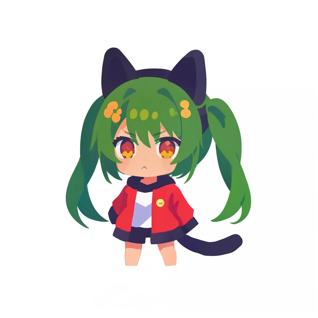 超A high resolution, nffsw, Best aesthetic, Best Quality, masutepiece, ik1、Full body depiction, troubled look、Arms crossed, 1girl in、Jade-colored jacket、cartoon bone、Green Hair Anime Girl, flat anime style,  Black cat ears, Anime girl with black cat ears, digital anime illustration,  Plain white background