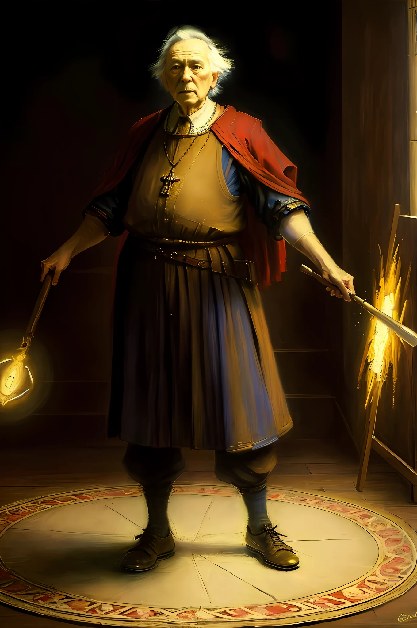 ((high quality, masterpiece:1.4)), old wizard standing in a magic circle with glowing energy, oil painting style, oil painting, medieval theme, fantasy, realistic proportions, dynamic pose, high details, intricate, intricate details, realistic lighting, extreme details, realistic pupils, realistic shadows, rembrandt, rembrandt style