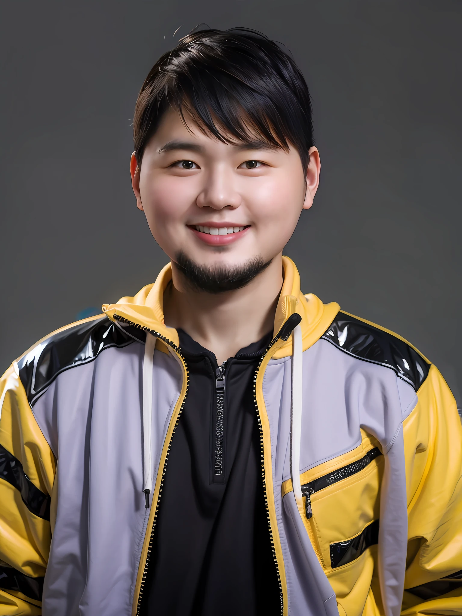 A Chinese male high school student，Wear a casual sweatshirt in PVC purple，There are zippers