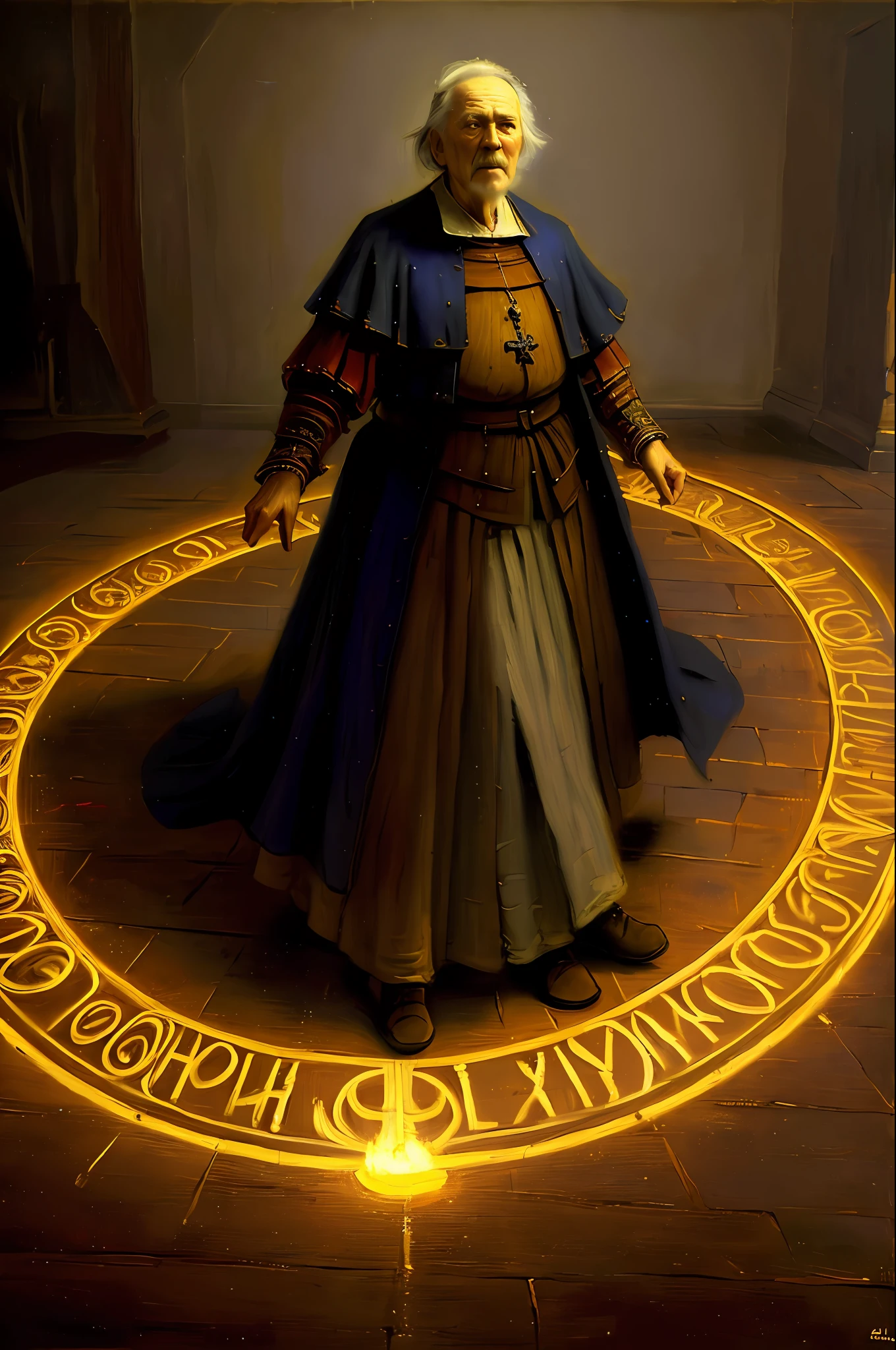 ((high quality, masterpiece:1.4)), old wizard standing in a magic circle with glowing energy, oil painting style, oil painting, medieval theme, fantasy, realistic proportions, dynamic pose, high details, intricate, intricate details, realistic lighting, extreme details, realistic pupils, realistic shadows, rembrandt, rembrandt style