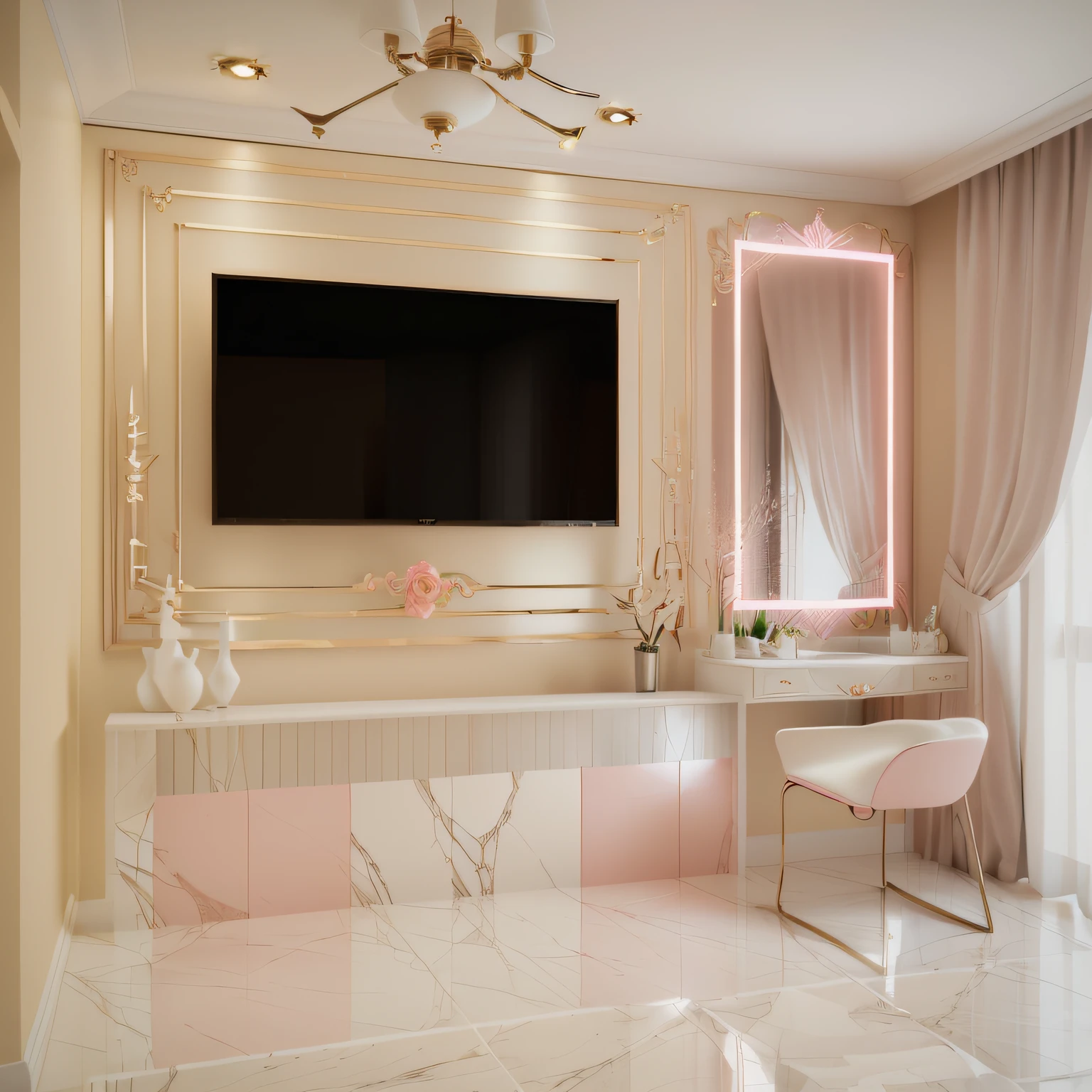 There is a large pink wall-mounted flat-screen TV in a barbie room, elegant render, Stuning 3 D render, very realistic 3 d render, realista estilo 3d, realism rendering, very realistic render, ultra realistic rendering, stunning render, imagem realista verdadeira, exquisite rendering, bright render, realistic 3 d render, realistic 3d render, in style of 3d render, cortina rosa, espelho rosa, madeira rosa, cadeira rosa, tapete rosa, objetos rosa, painel rosa, maquiagem