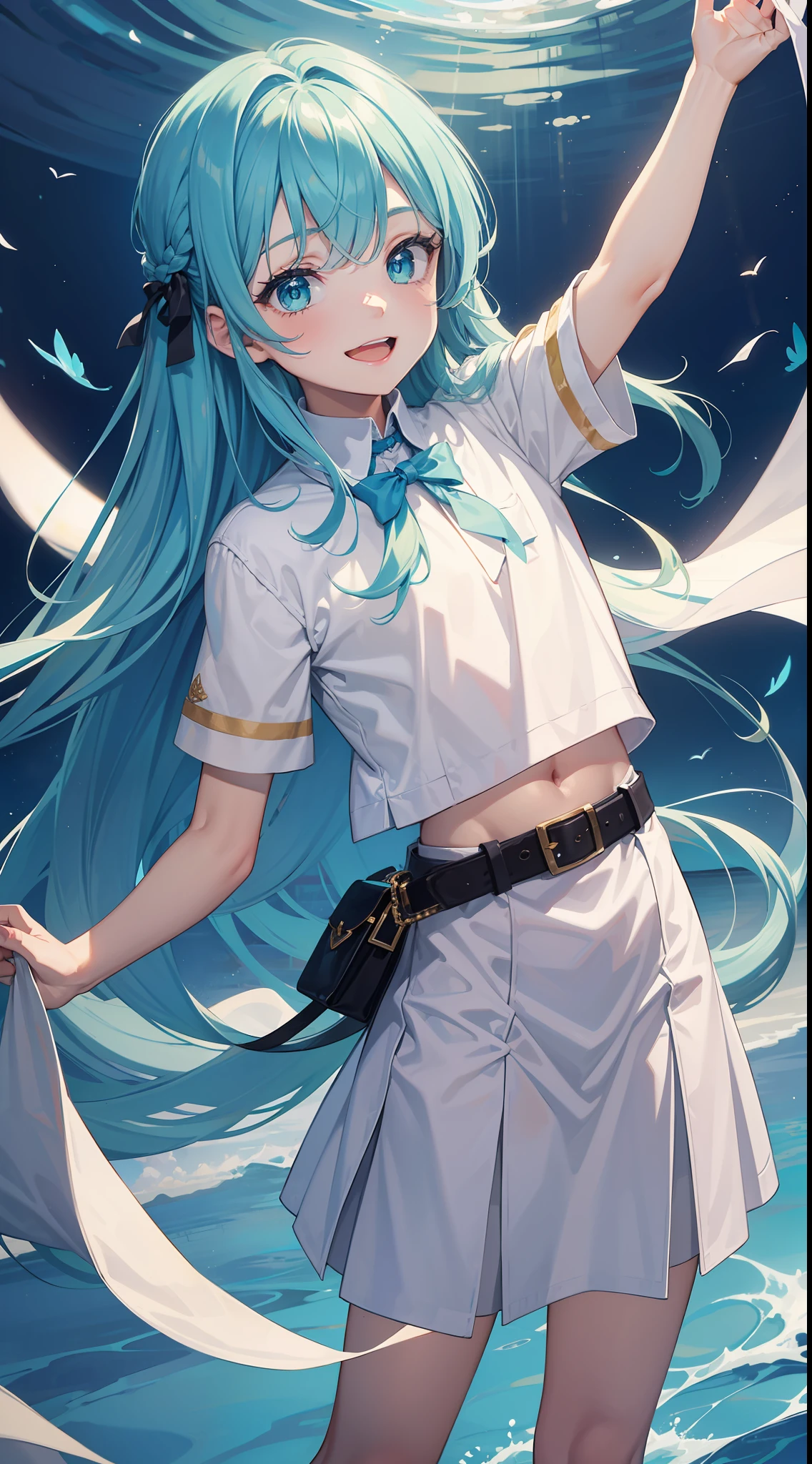 young boy, Long aquamarine hair, Cyan eyes, The artist's white clothes, Smile, Masterpiece, hiquality