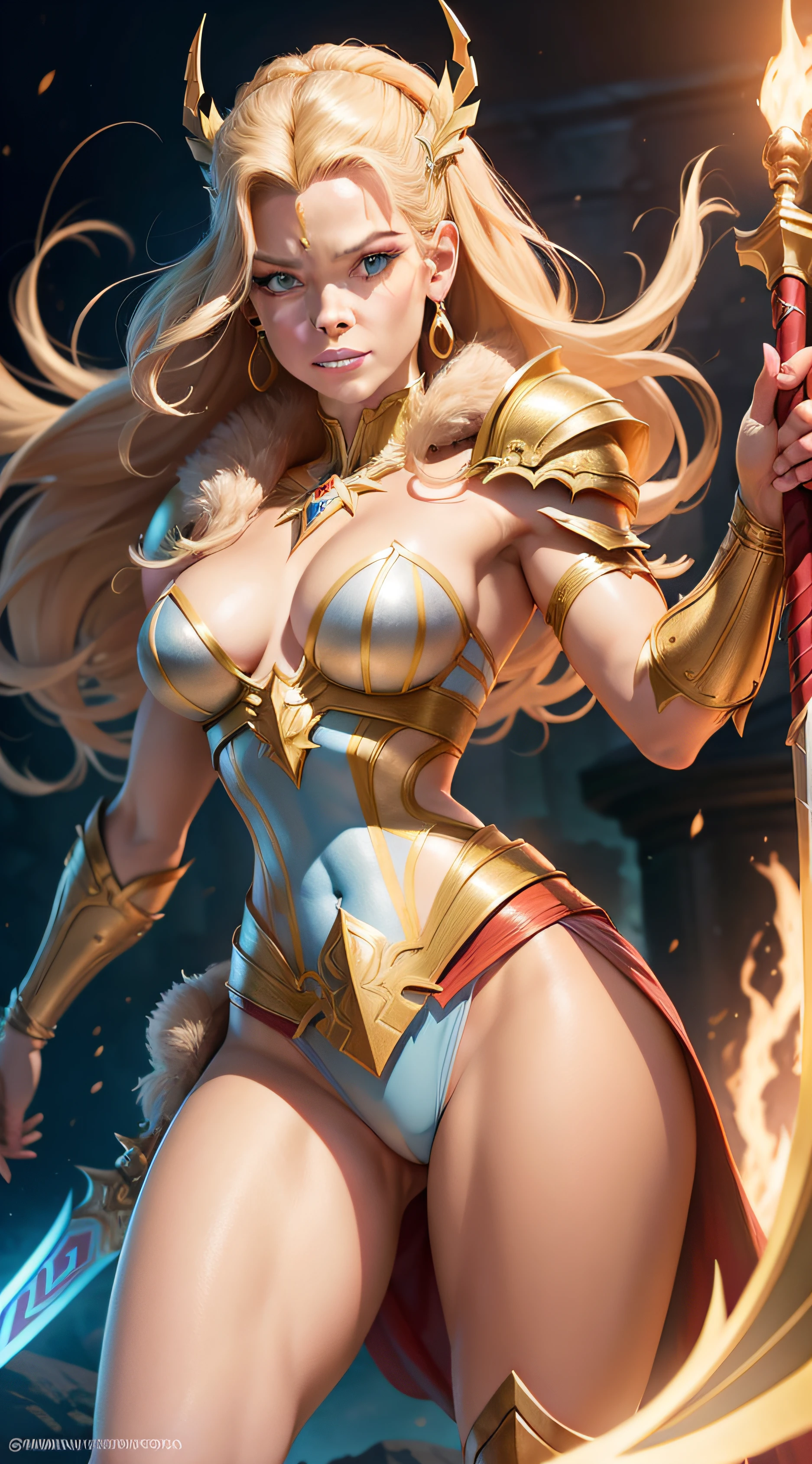 Elizabeth Banks como a personagem de desenho animado SHE RA,Armadura Dourada,espada,Terra de Eternia,