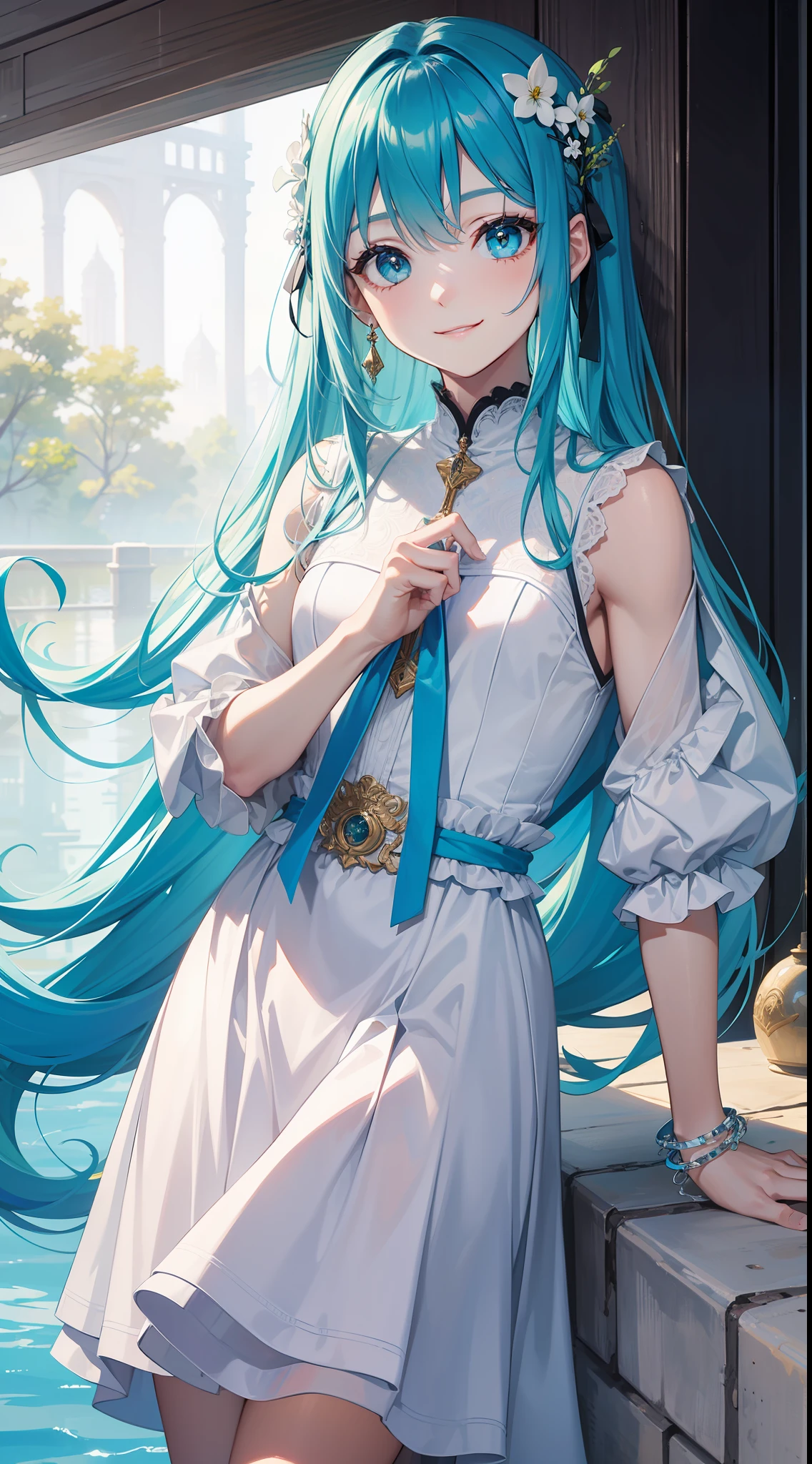 young boy, Long aquamarine hair, Cyan eyes, The artist's white clothes, Smile, Masterpiece, hiquality