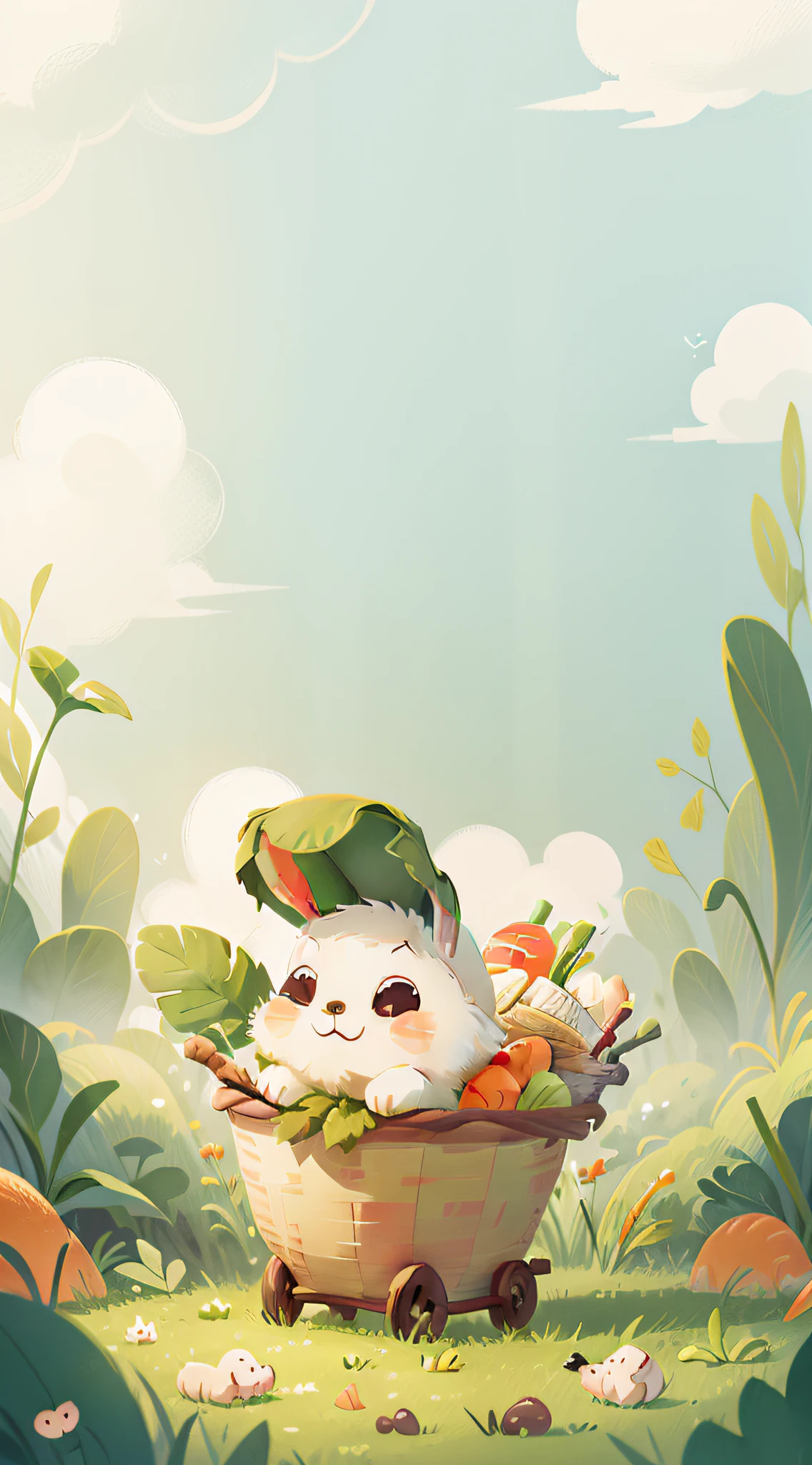 Fresh and simple illustration style, Cute little bunny, Background of green leafy grass, White clouds float in the sky, The little rabbit narrowed his smiling eyes into a line, It carried a basket full of fresh carrots。