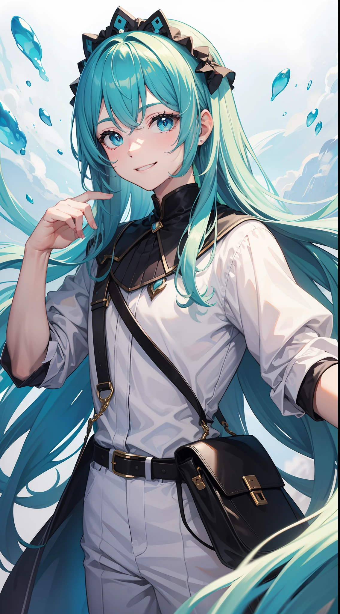 young boy, Long aquamarine hair, Cyan eyes, The artist's white clothes, Smile, Masterpiece, hiquality