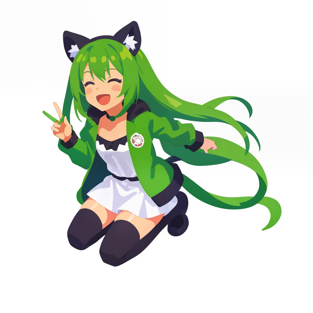 超A high resolution, nffsw, Best aesthetic, Best Quality, masutepiece, ik1、Full body depiction, Laughing、1girl in、Jade-colored jacket、cartoon bone、Green Hair Anime Girl, flat anime style,  Black cat ears, Anime girl with black cat ears, digital anime illustration,  Plain white background