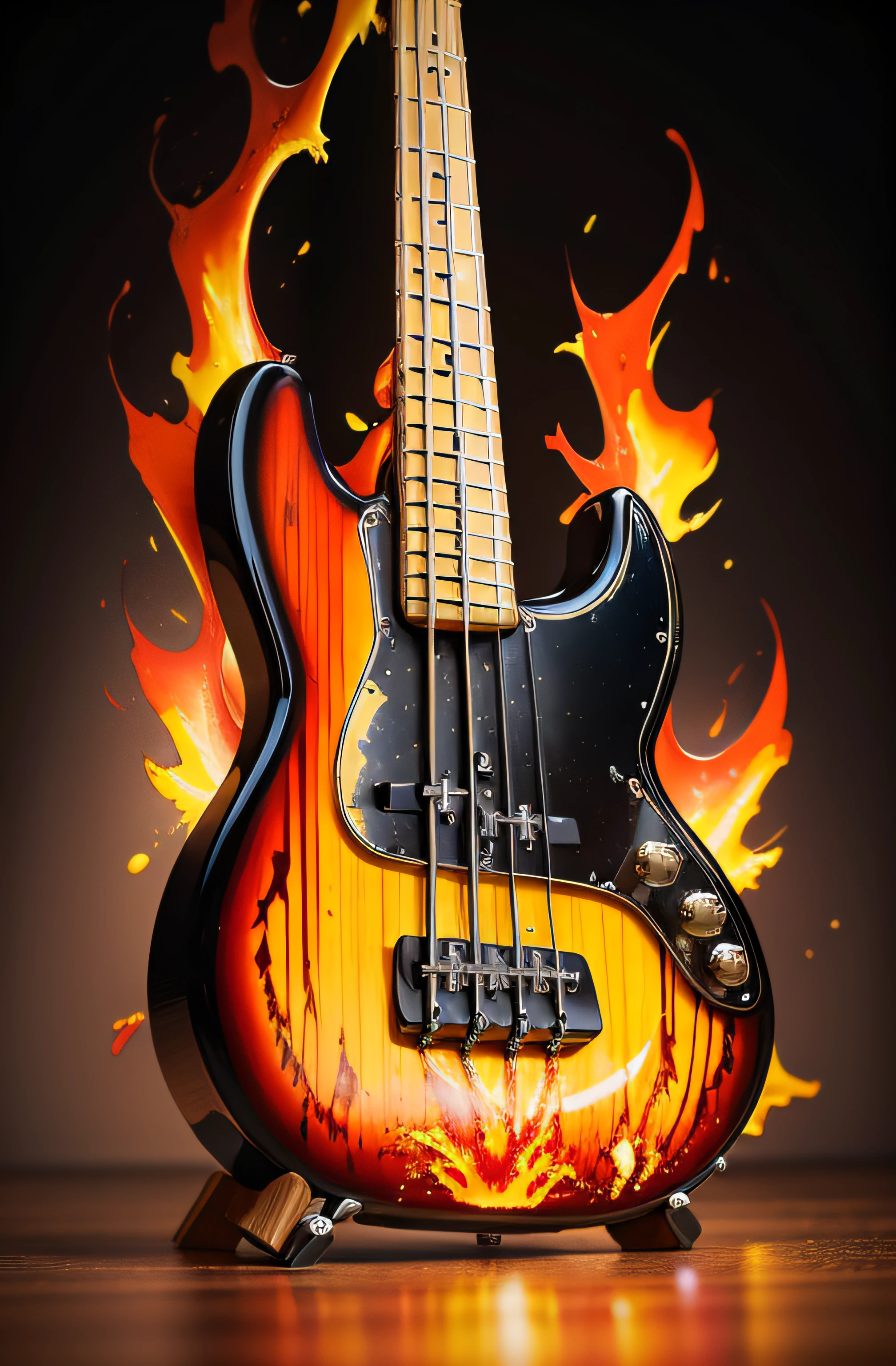 electric bass，super high-quality model, Background of flame burning, Abstract beauty, Explosive volume, oil painted, Heavy strokes, paint drips