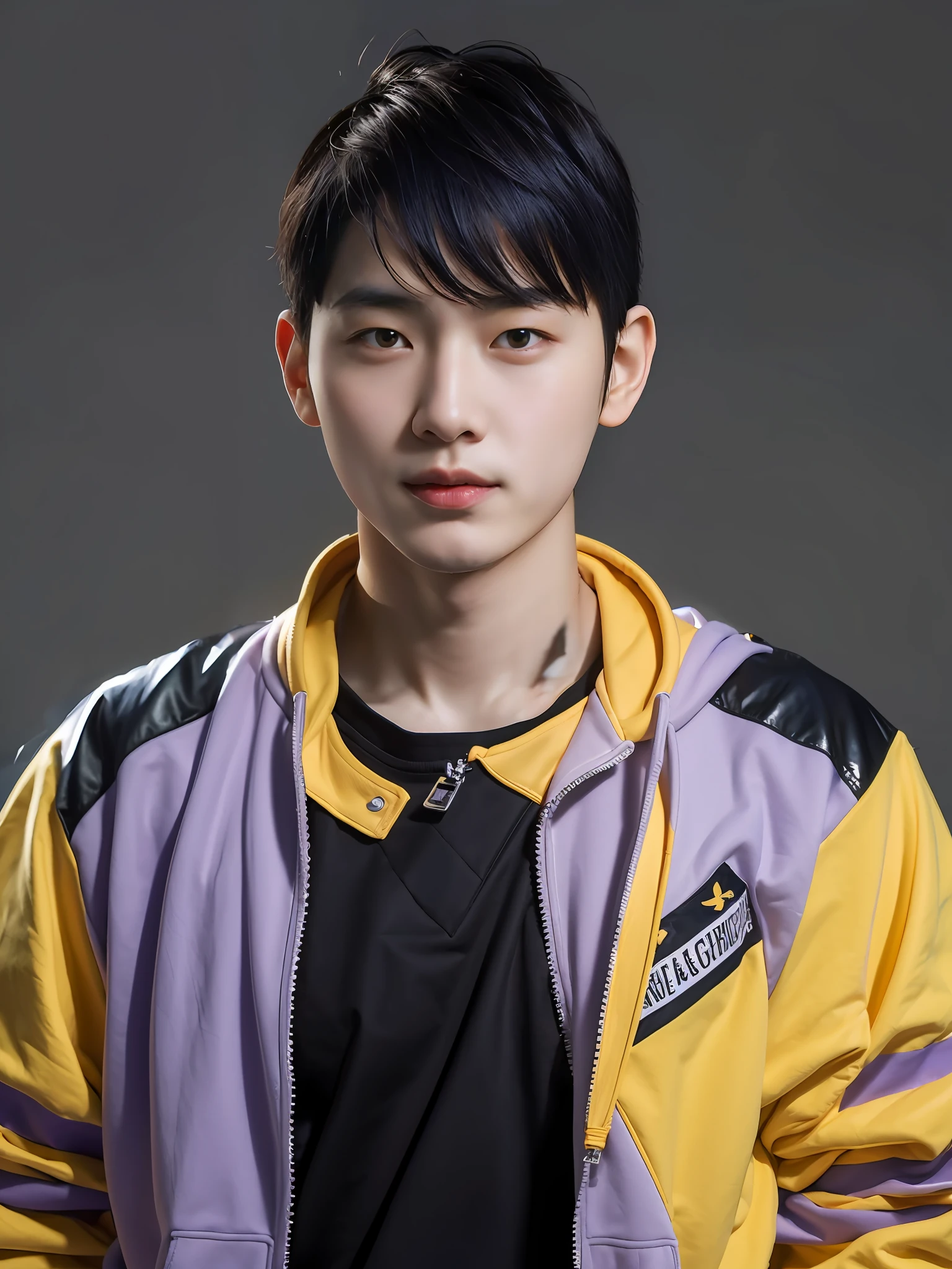 A Chinese male high school student,Wear a casual sweatshirt in PVC purple,There are zippers