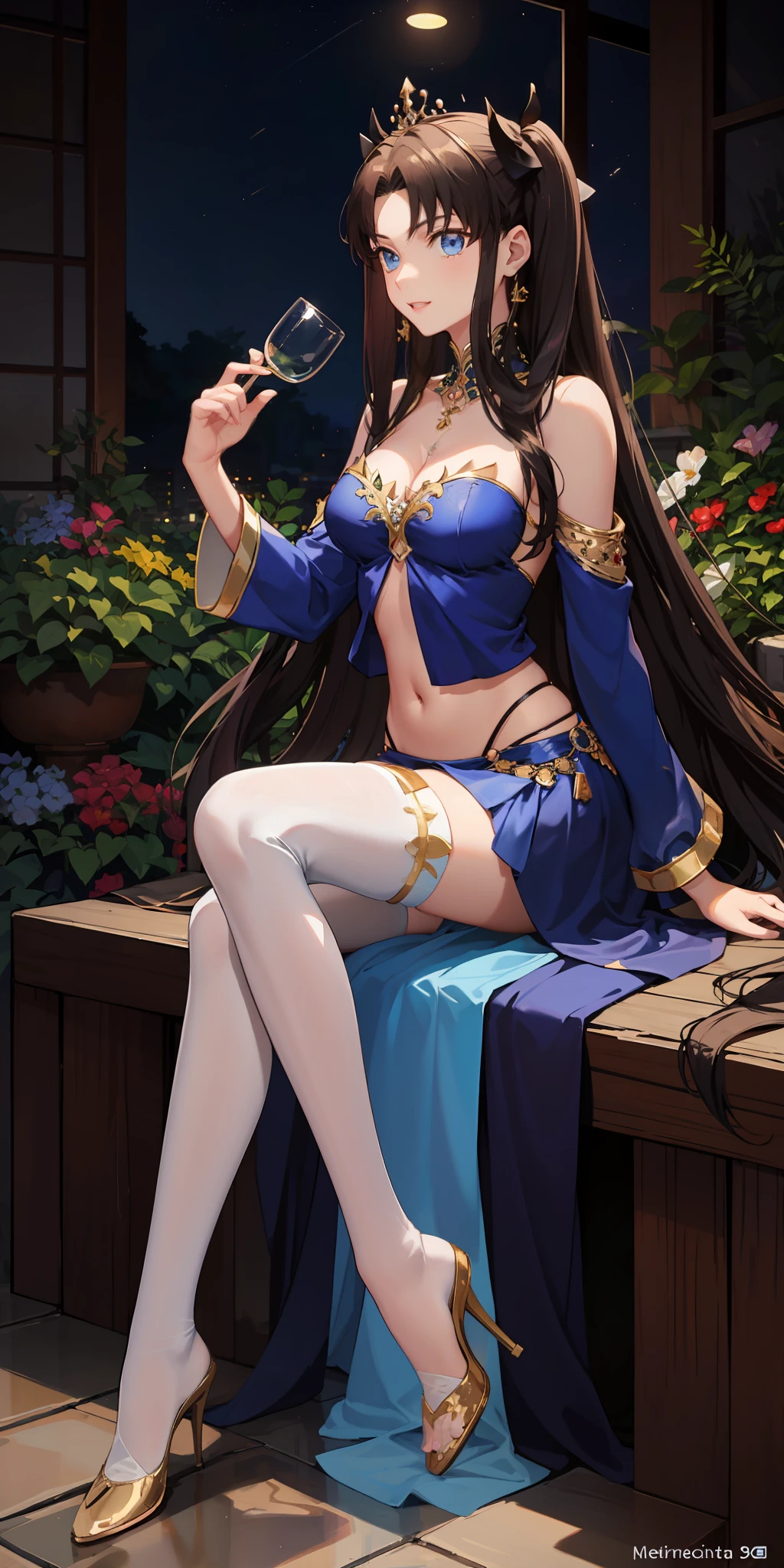 long hair, black hair, medium breast, slim legs, happy, blue gown, cleavage, arabian belly dancer , skirt, rin tohsaka, twin tail, navel, garden, night, blue eyes, tiara, sitting, thigh high socks