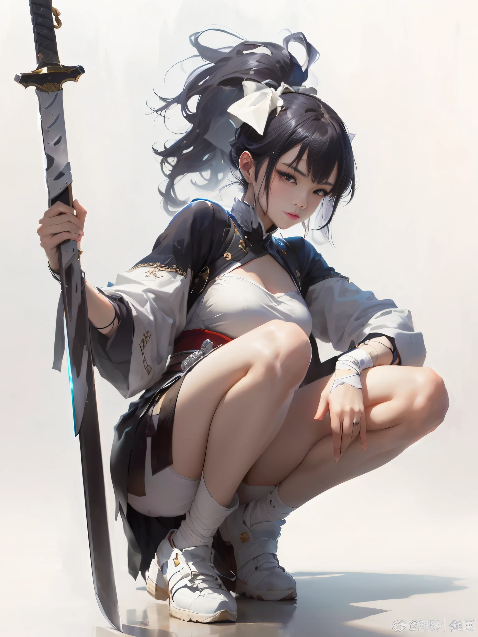 anime - style woman kneeling with sword and sword in hand, guweiz, guweiz on pixiv artstation, guweiz on artstation pixiv, artwork in the style of guweiz, by Yang J, by Yanjun Cheng, by Shitao, by Chen Jiru, beautiful anime girl squatting