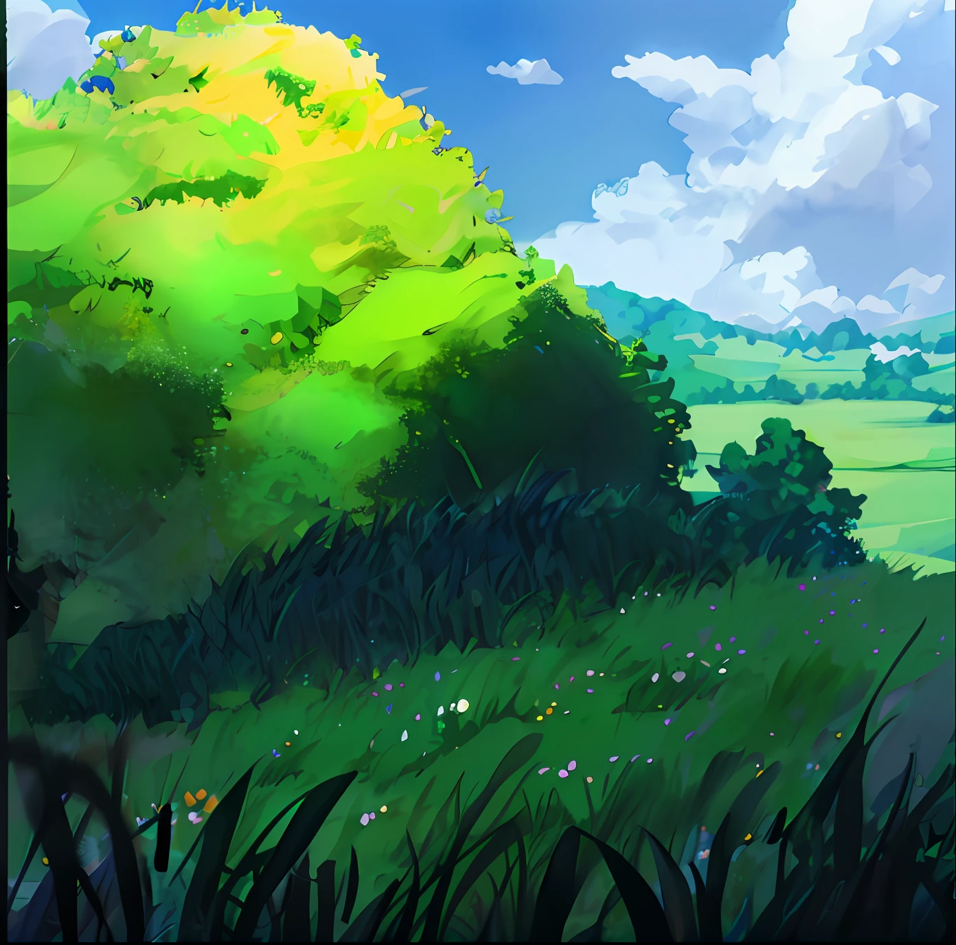 Big meadow,Lush meadows,Large polygons,some plants,cartoon scene,4K,super-fine,Detailed pubic hair