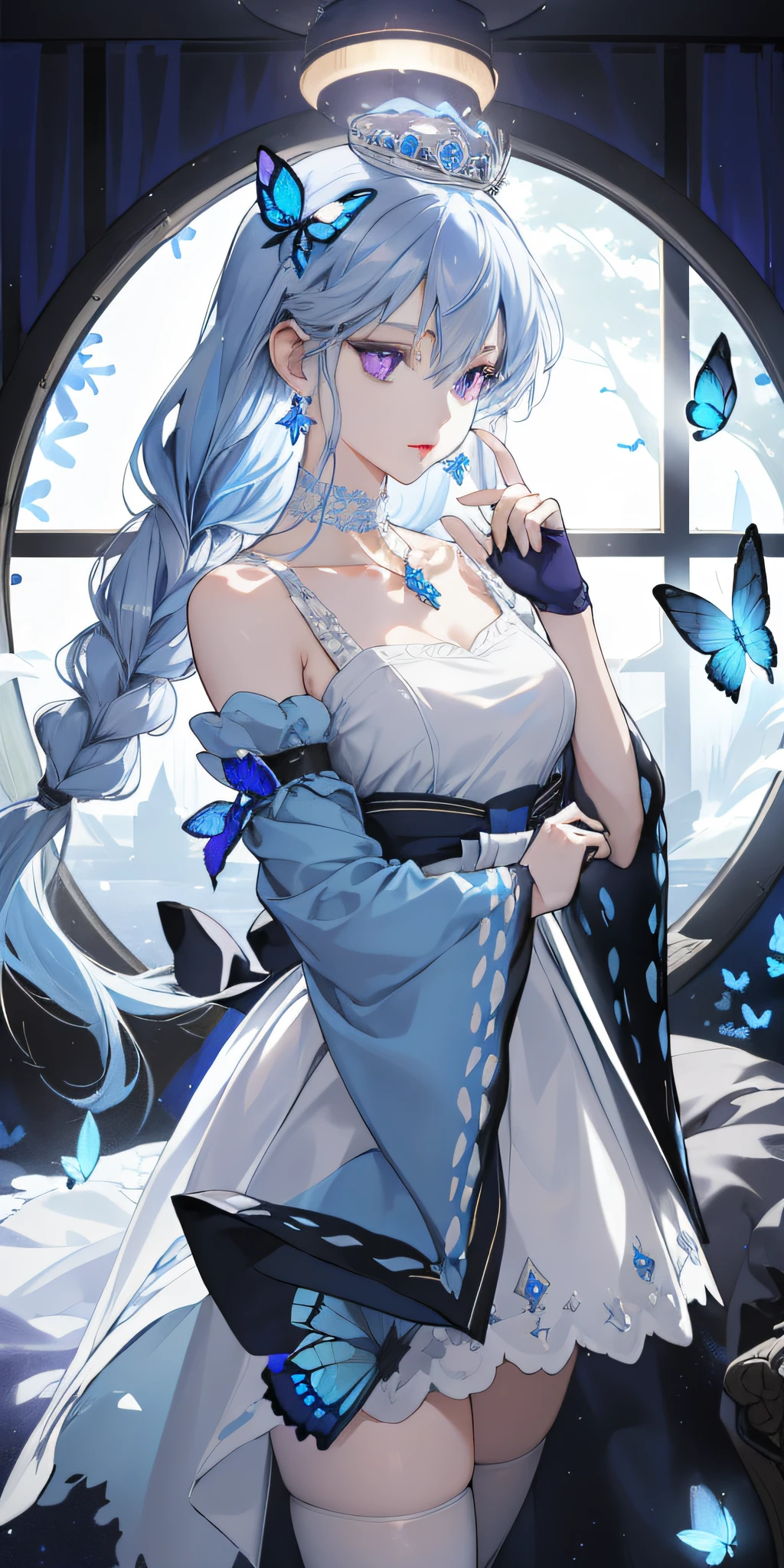 (Masterpiece, Best Quality: 1.4), Detailed Background, White Crystal, Crystal Cluster, Long Hair, Jewelry, Earrings, Necklace, Crown, Bride, White Hair, Halo, (Overlook), Dynamic Angle, Ultra Detailed, Illustration, Close Up, Direct Look, 1girl, (Fantasy: 1.4), (Purple Eyes: 1.233), Her Eyes Shine Like Dreamy Stars, (Glow Eyes: 1.233), (Beautiful and Delicate Eyes: 1.1), (Silver Hair: 1.14), (Messy Hair, Very Long Hair, French braids, hair between the eyes, side hair), (+(blue hair flower: 1.14)), (chiffon dress, uniform blue flower pattern)/= (military uniform: 1.24), (split sleeves, wide sleeves), (fingerless gloves), choker, (miko thighhighs), high heeled boots, (expressionless, shut up), (standing), (classical princess boudoir with dresser floor-to-ceiling windows white ancient palace), (white flowers, blooming), (deep sea), (flowing water), (dark blue world tree:1.14),(Ruins),(Night:1.2),dreamy,Soul,(fluorescent),(Flying Translucent Blue Butterfly:1.15),[Delicate Fingers and Hands:0.55]::0.85], (Finger Detail), (Yubao:0.5)