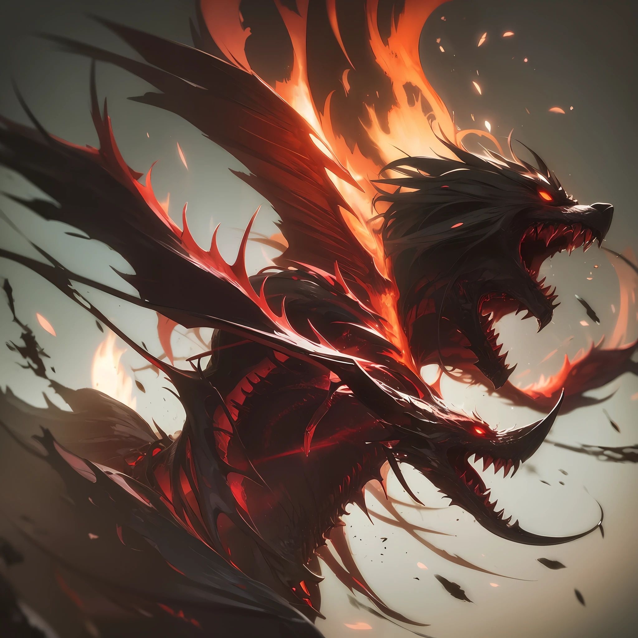 Demon characters, Ghostly style, background inside dark, Dark red lighting, Red hideous eyes, Sharp teeth, Devil wings, smoke-filled, Strong atmosphere, dynamicposes。