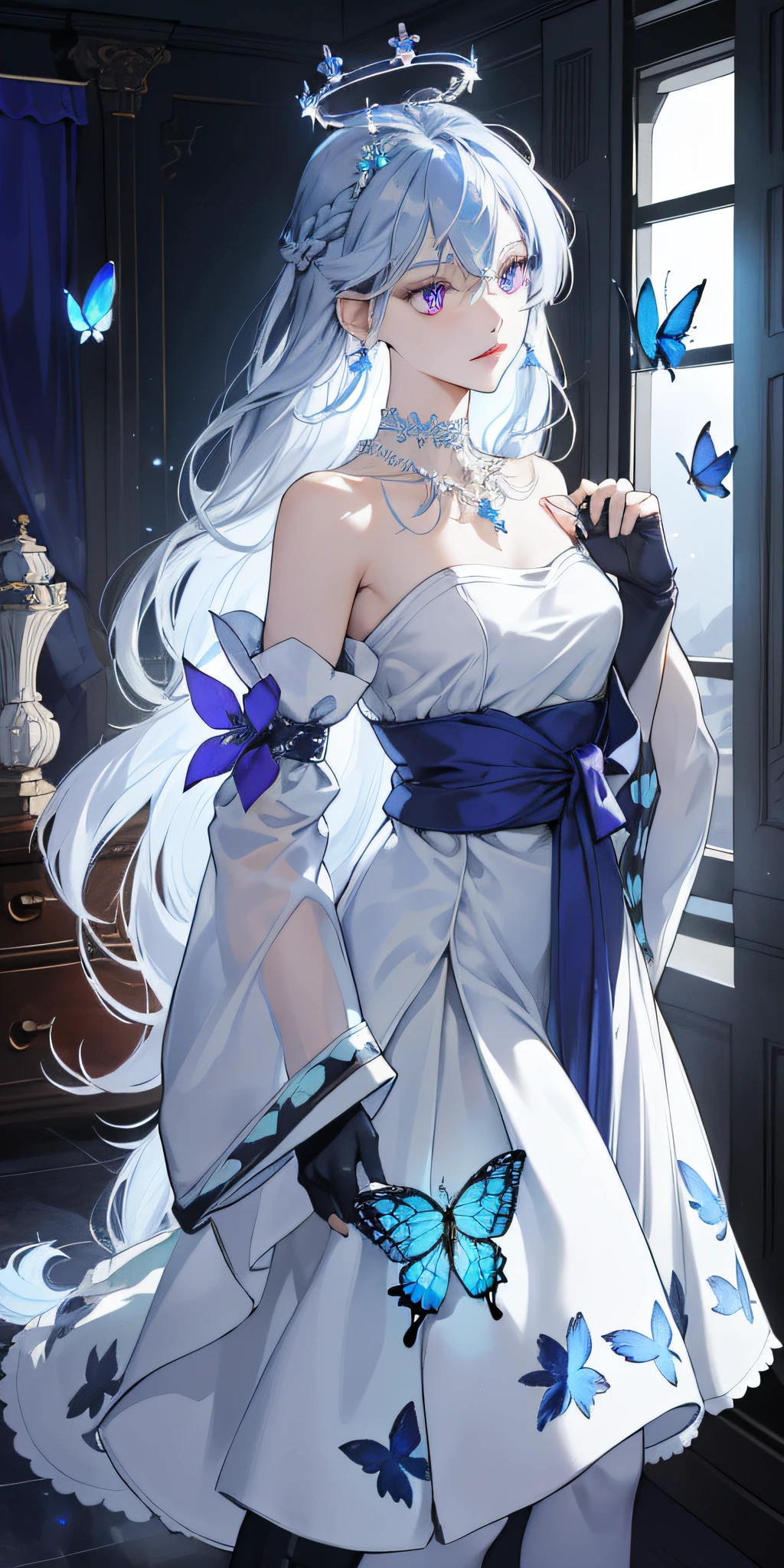 (Masterpiece, Best Quality: 1.4), Detailed Background, White Crystal, Crystal Cluster, Long Hair, Jewelry, Earrings, Necklace, Crown, Bride, White Hair, Halo, (Overlook), Dynamic Angle, Ultra Detailed, Illustration, Close Up, Direct Look, 1girl, (Fantasy: 1.4), (Purple Eyes: 1.233), Her Eyes Shine Like Dreamy Stars, (Glow Eyes: 1.233), (Beautiful and Delicate Eyes: 1.1), (Silver Hair: 1.14), (Messy Hair, Very Long Hair, French braids, hair between the eyes, side hair), (+(blue hair flower: 1.14)), (chiffon dress, uniform blue flower pattern)/= (military uniform: 1.24), (split sleeves, wide sleeves), (fingerless gloves), choker, (miko thighhighs), high heeled boots, (expressionless, shut up), (standing), (classical princess boudoir with dresser floor-to-ceiling windows white ancient palace), (white flowers, blooming), (deep sea), (flowing water), (dark blue world tree:1.14),(Ruins),(Night:1.2),dreamy,Soul,(fluorescent),(Flying Translucent Blue Butterfly:1.15),[Delicate Fingers and Hands:0.55]::0.85], (Finger Detail), (Yubao:0.5)