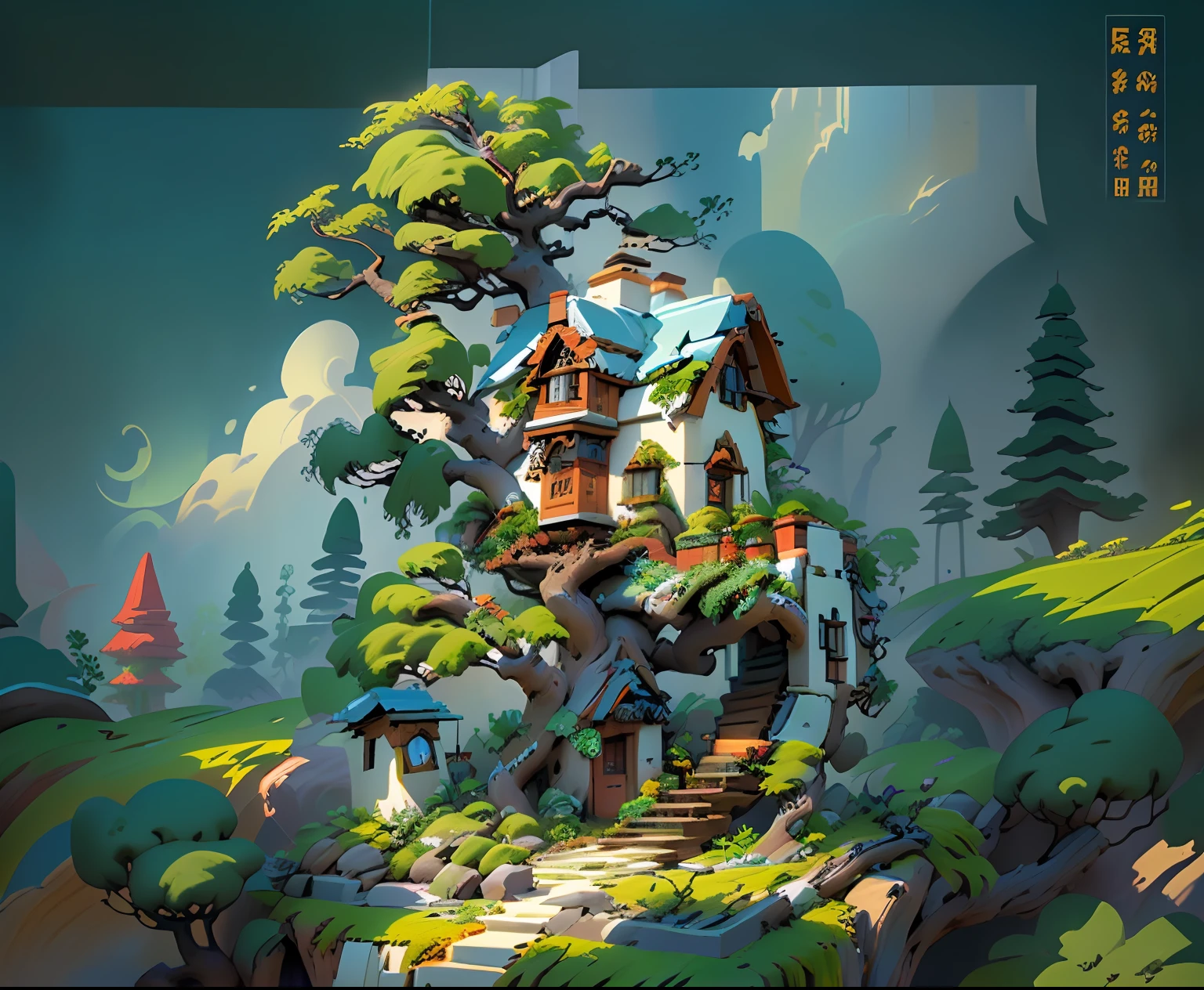 In the field there is a small house made of Lego bricks, bonsai tree house, floral jungle treehouse, tree house, Wang Chen, tree town, enchanted forest tower, high detal), 1080p, 1 0 8 0 p, no gradien, elves house, very very highly detailed, Detailed scenery —width 672, tree house