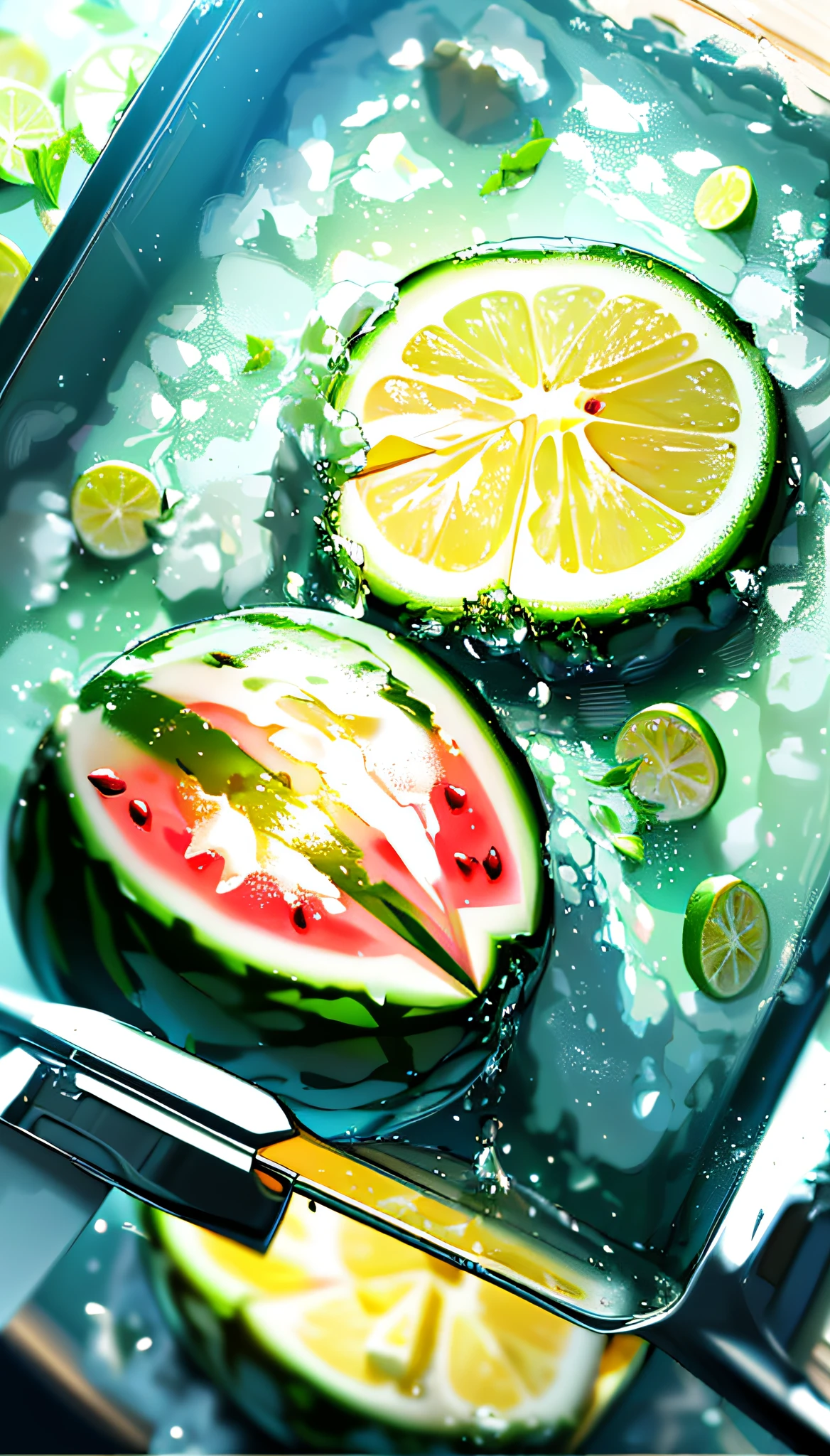 (Best quality, 8k, 32k, masterpiece, UHD: 1.2), watermelon with water droplets, ice cubes, lemon slices, lemon, lime, water droplets