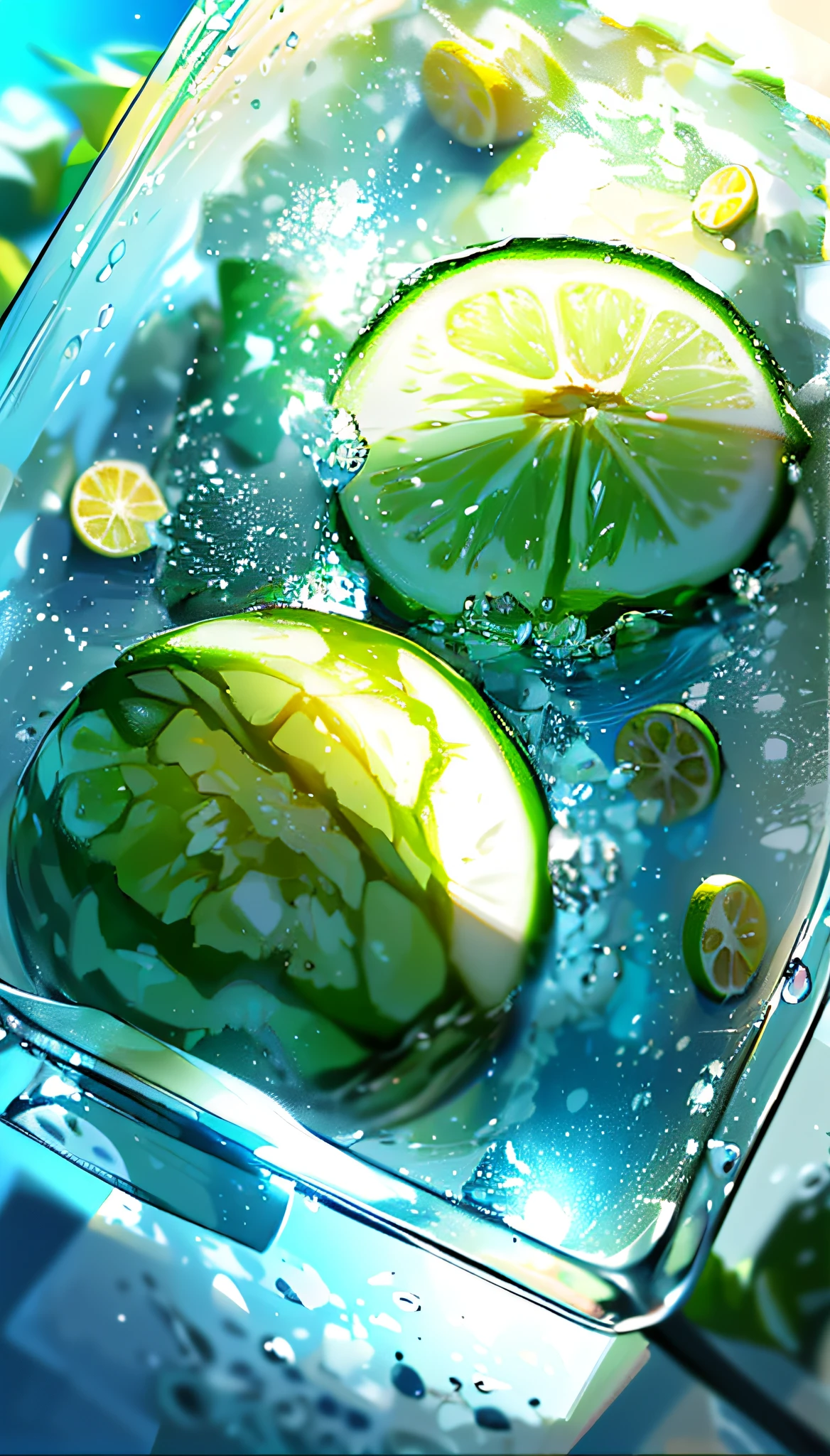 (Best quality, 8k, 32k, masterpiece, UHD: 1.2), watermelon with water droplets, ice cubes, lemon slices, lemon, lime, water droplets