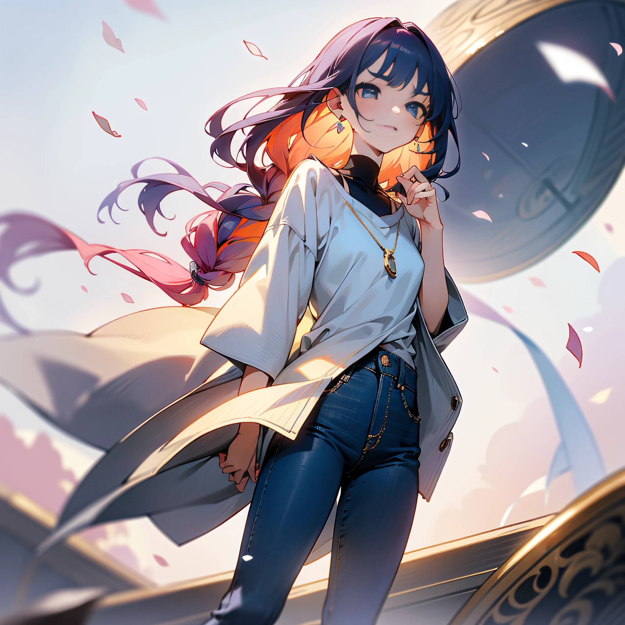 (CG Unity 8K wallpaper in extreme detail,tmasterpiece,Highest image quality),(Delicate light and shadow,The picture is highly dramatic,Cinematic lens effect),The familiar tsundere childhood sweetheart next door、Stand in the center of the picture、She has a beautiful and delicate face,Good looks,Delicate facial features。Big eyes of the water spirit、Long eyebrows、Long colored hair、Skin is fair and smooth、Health and youthful breath、Sweet smiling、Wear a comfortable shirt、Knitwear or t-shirt,And with jeans、Short skirts or long pants、Clothing colors favor soft and warm colors,For example, light pink、pale-blue、beige, etc,Wear small, sophisticated accessories,For example, thin chain necklaces、Petite earrings or simple bracelets,Wear comfortable and stylish shoes,Like flats、Small white shoes、Falling debris with petals、a sense of atmosphere、中景 the scene is、full bodyesbian