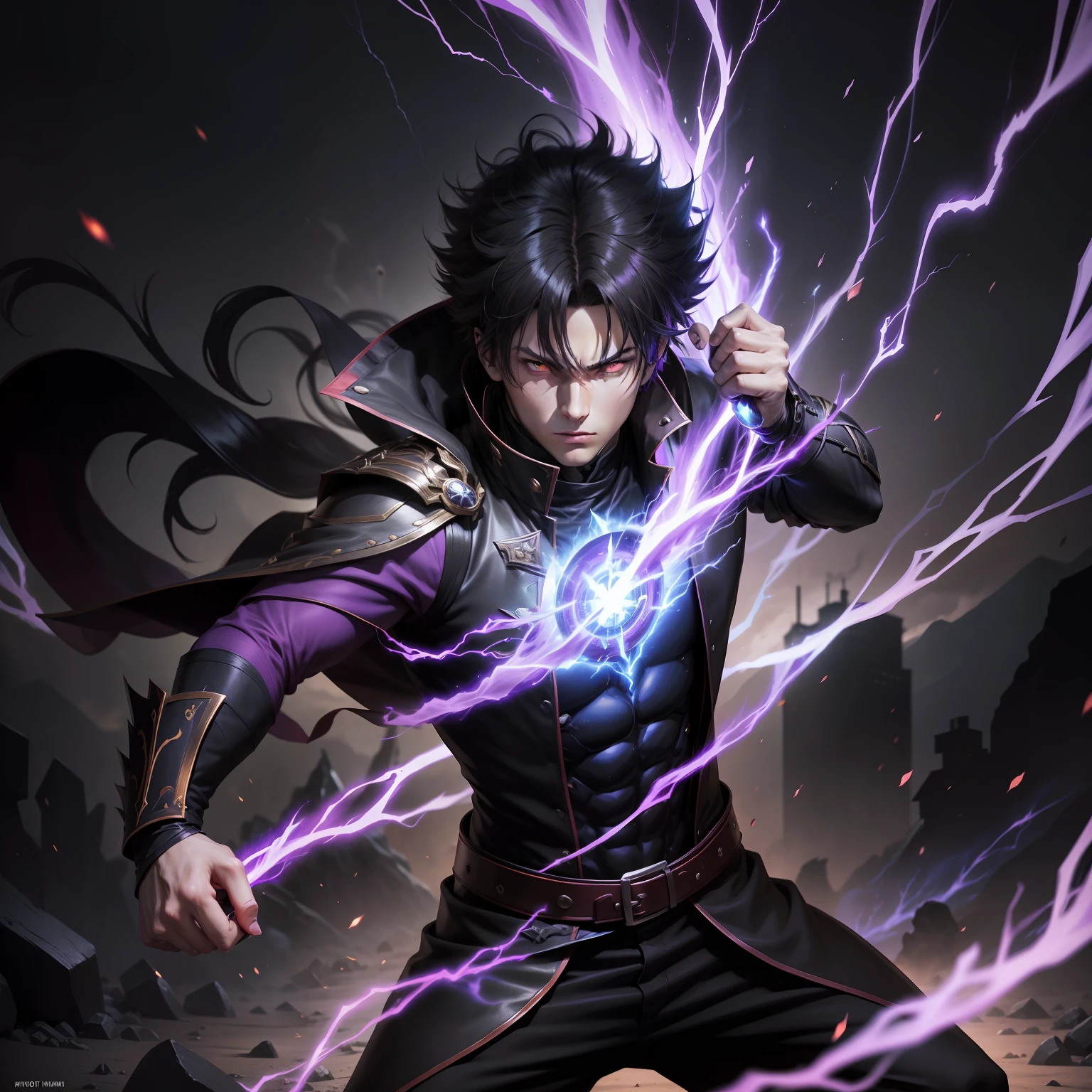 epic anime style, purple lightning, evil aura, 20 year old dark male mage, glowing black aura, shadow overseer, evil male witch, brilliant and epic. anime, full body scene of a man with lightning in his hand and a dagger in his hand, an epic anime about a purple energy man, in a battle stance with dark hair and glowing eyes looking at the viewer, tall anime guy with red eyes, fierce Gapmoe Yandere, menacing look, gintama's Hijikata Toushirou, nobutmura fighting anime style, inspired by Oku anime, raging anime inspired by Oku behind him. Highest image quality 8K, details everything 8K.