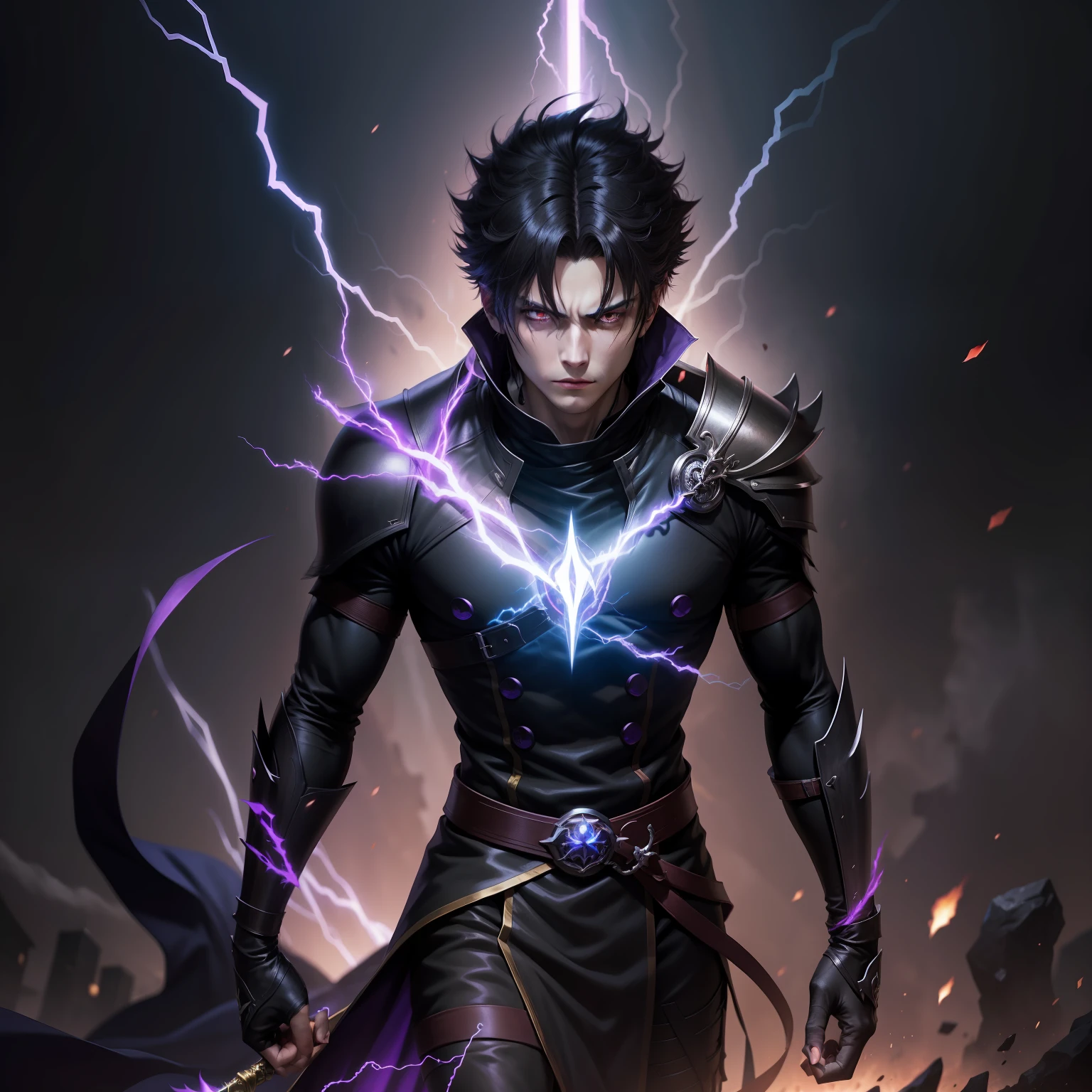 epic anime style, purple lightning, evil aura, 20 year old dark male mage, glowing black aura, shadow overseer, evil male witch, brilliant and epic. anime, full body scene of a man with lightning in his hand and a dagger in his hand, an epic anime about a purple energy man, in a battle stance with dark hair and glowing eyes looking at the viewer, tall anime guy with red eyes, fierce Gapmoe Yandere, menacing look, gintama's Hijikata Toushirou, nobutmura fighting anime style, inspired by Oku anime, raging anime inspired by Oku behind him. Highest image quality 8K, details everything 8K.