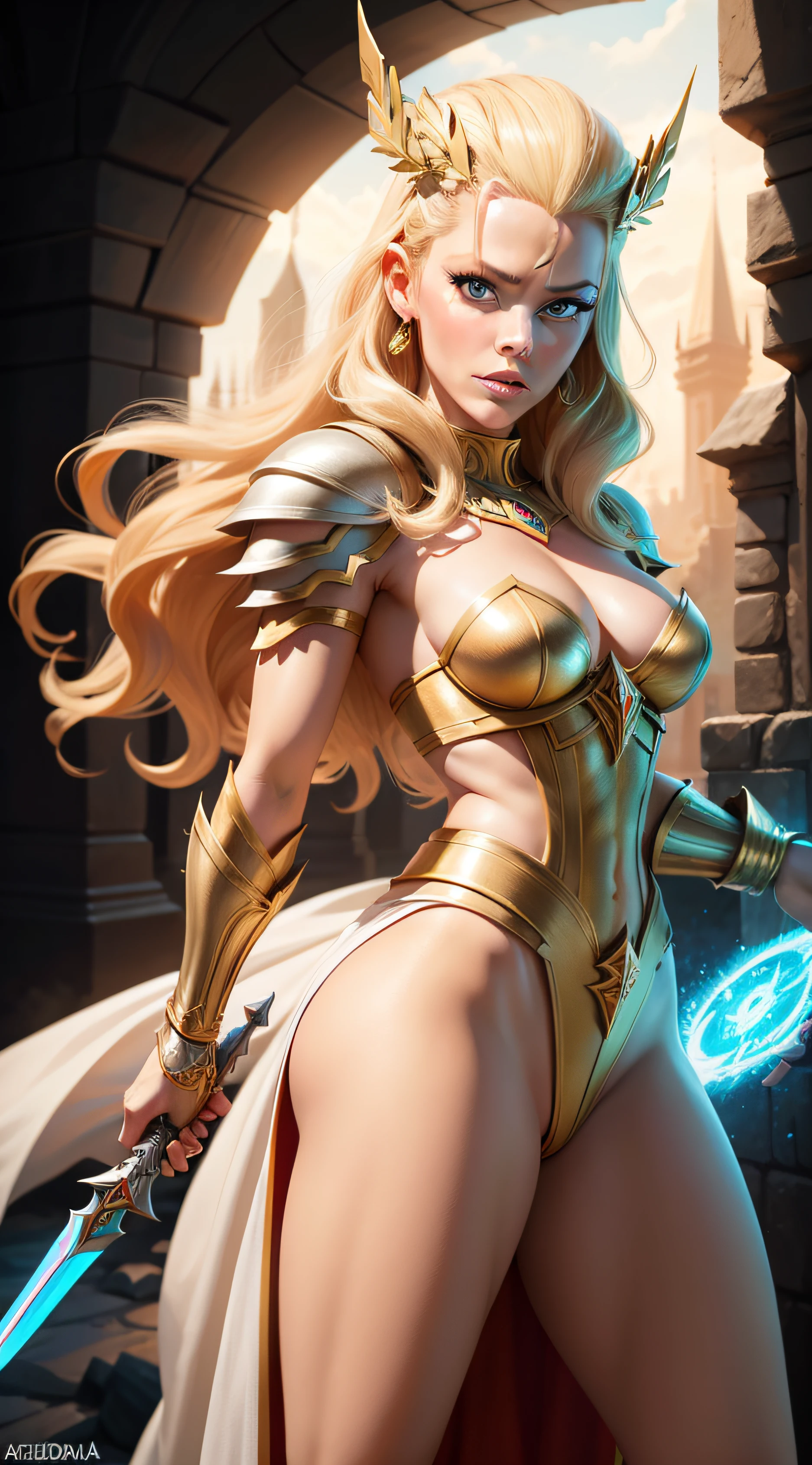 Elizabeth Banks como a personagem de desenho animado SHE RA,Armadura Dourada,espada,Terra de Eternia,
