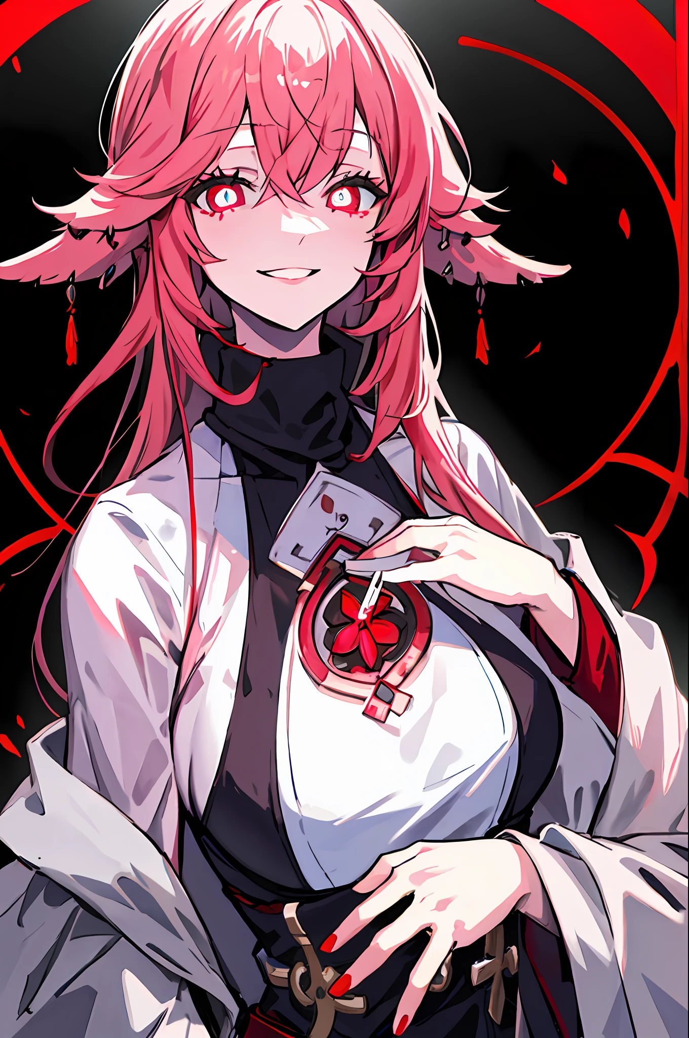 Master masterpieces,best qualityer,8K,stunning detailed,1girll,Morbid smile,Pink hair color,Red glowing pupils,ragged attire,Needle in hand,Solo 1.5,Chest 1.5,In the ward,Gloomy atmosphere