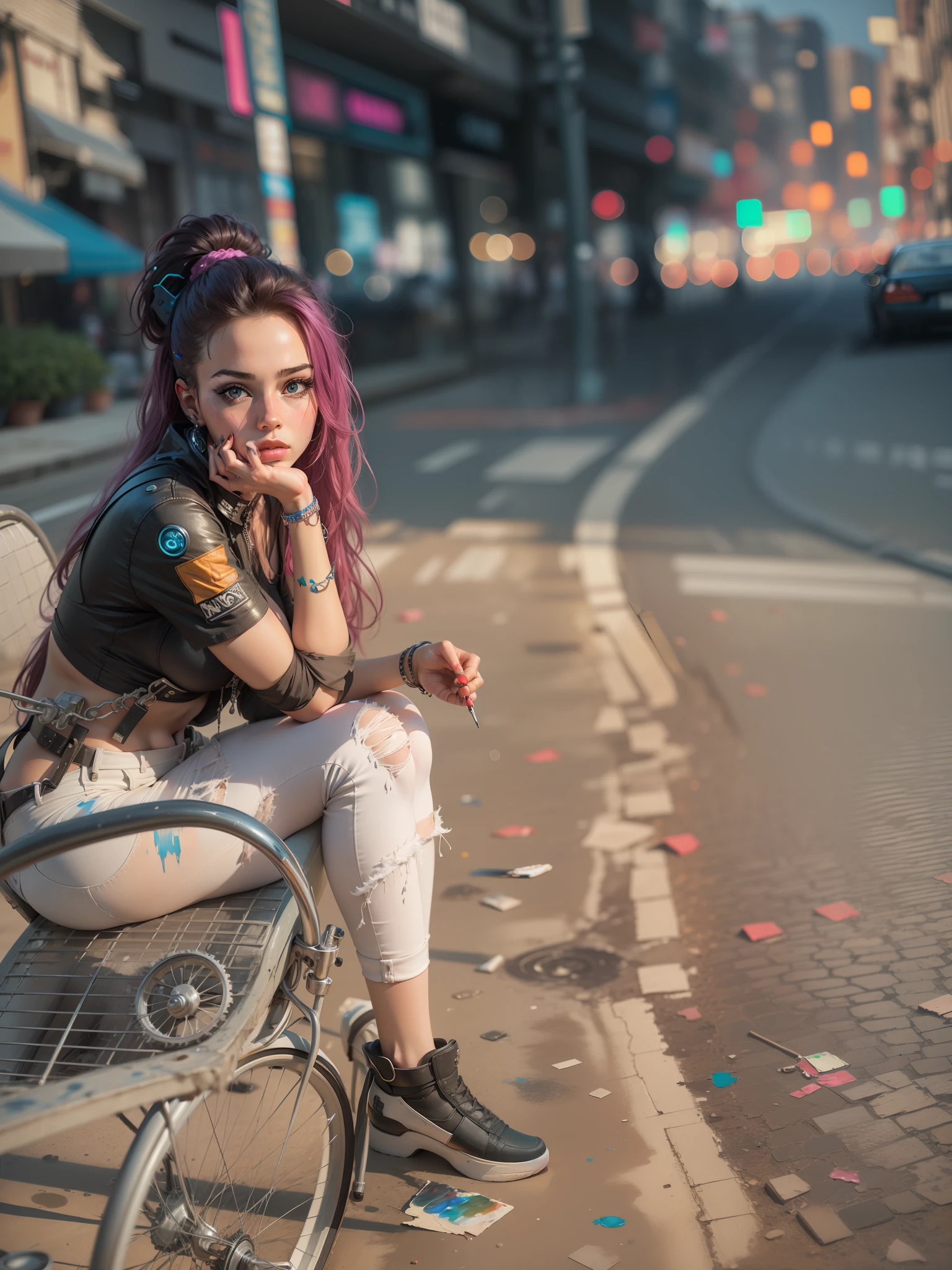 girl, oil paint, change background cyberpunk, real face, 8k ultra realistic