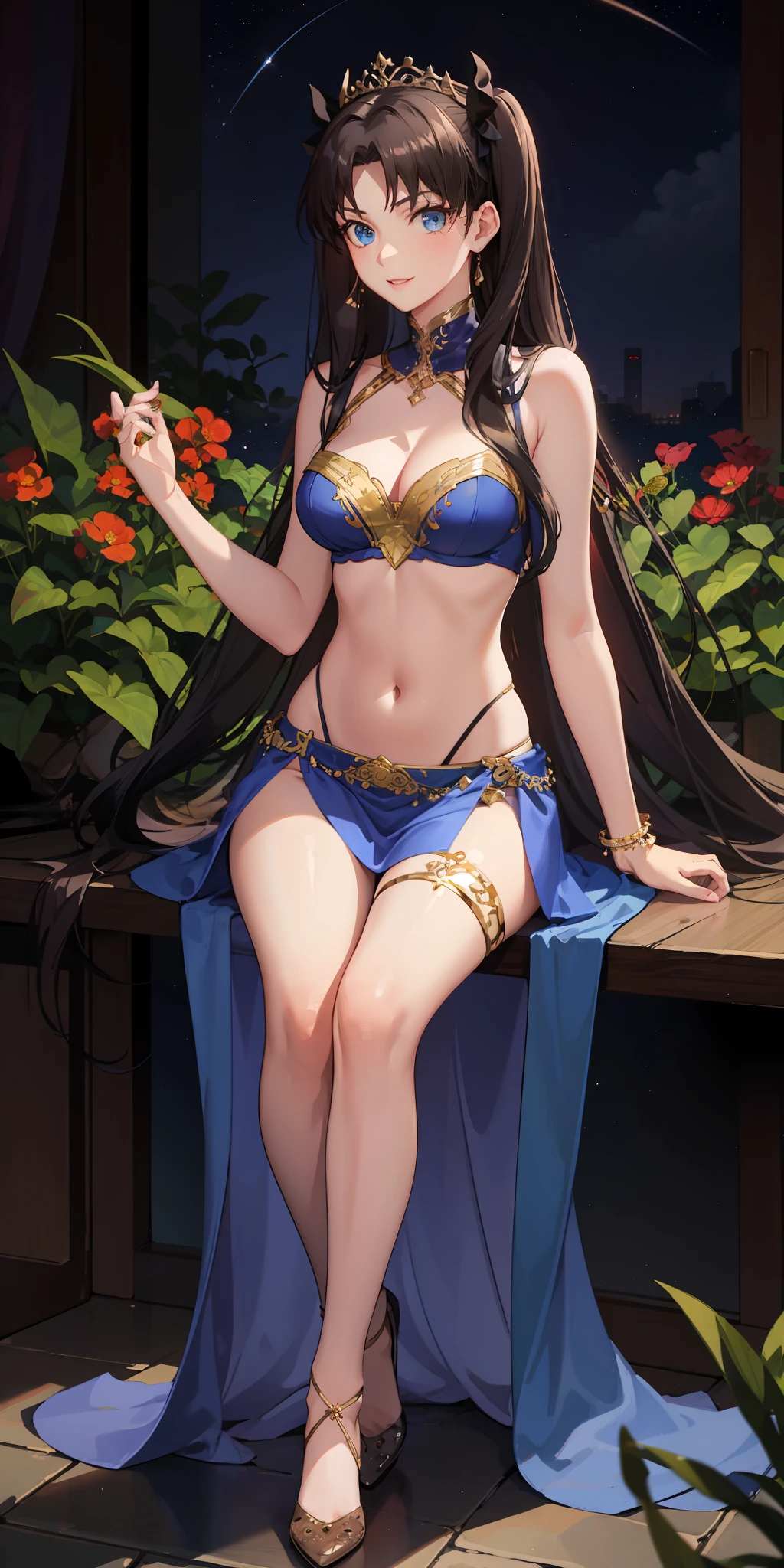 long hair, black hair, medium breast, slim legs, happy, sky blue gown, cleavage, arabian belly dancer , skirt, rin tohsaka, twin tail, navel, garden, night, blue eyes, tiara, sitting, thigh high socks