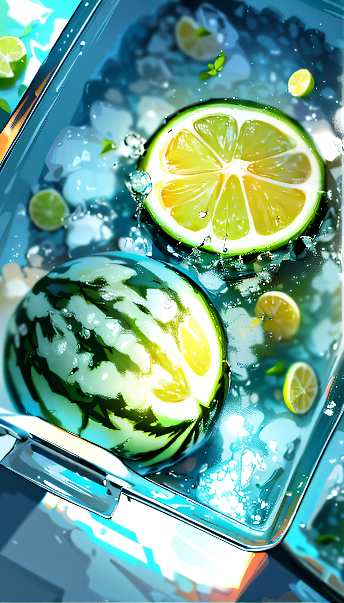 (Best quality, 8k, 32k, masterpiece, UHD: 1.2), watermelon with water droplets, ice cubes, lemon slices, lemon, lime, water droplets
