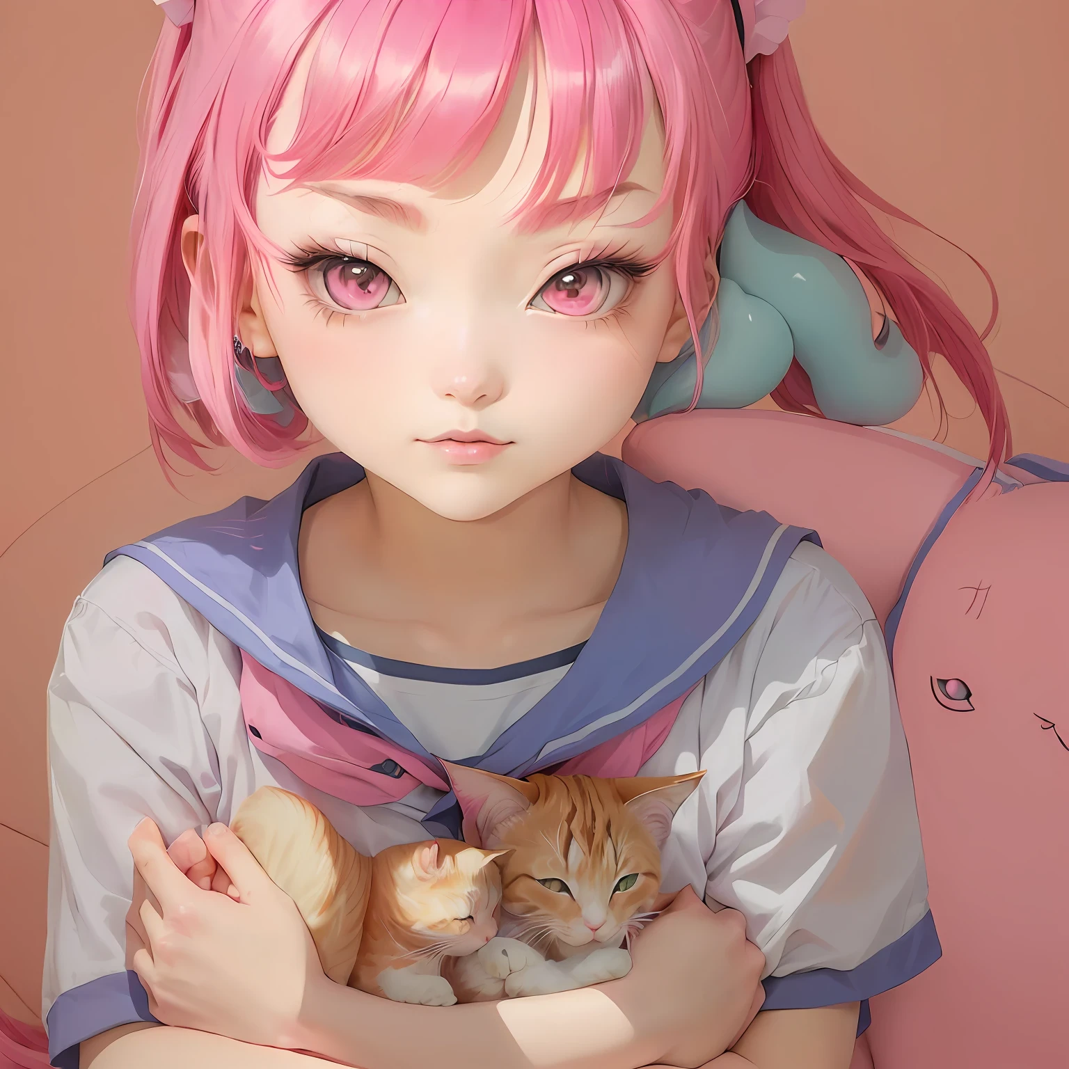 Pink hair anime girl with cat and kitten, inspired by Matsumura Goshun, kinmoza!, inspired by Rumiko Takahashi, marin kitagawa fanart, inspired by Rei Kamoi, in the art style of 8 0 s anime, made with anime painter studio, In anime style, humanoid pink female squid girl, In an anime style