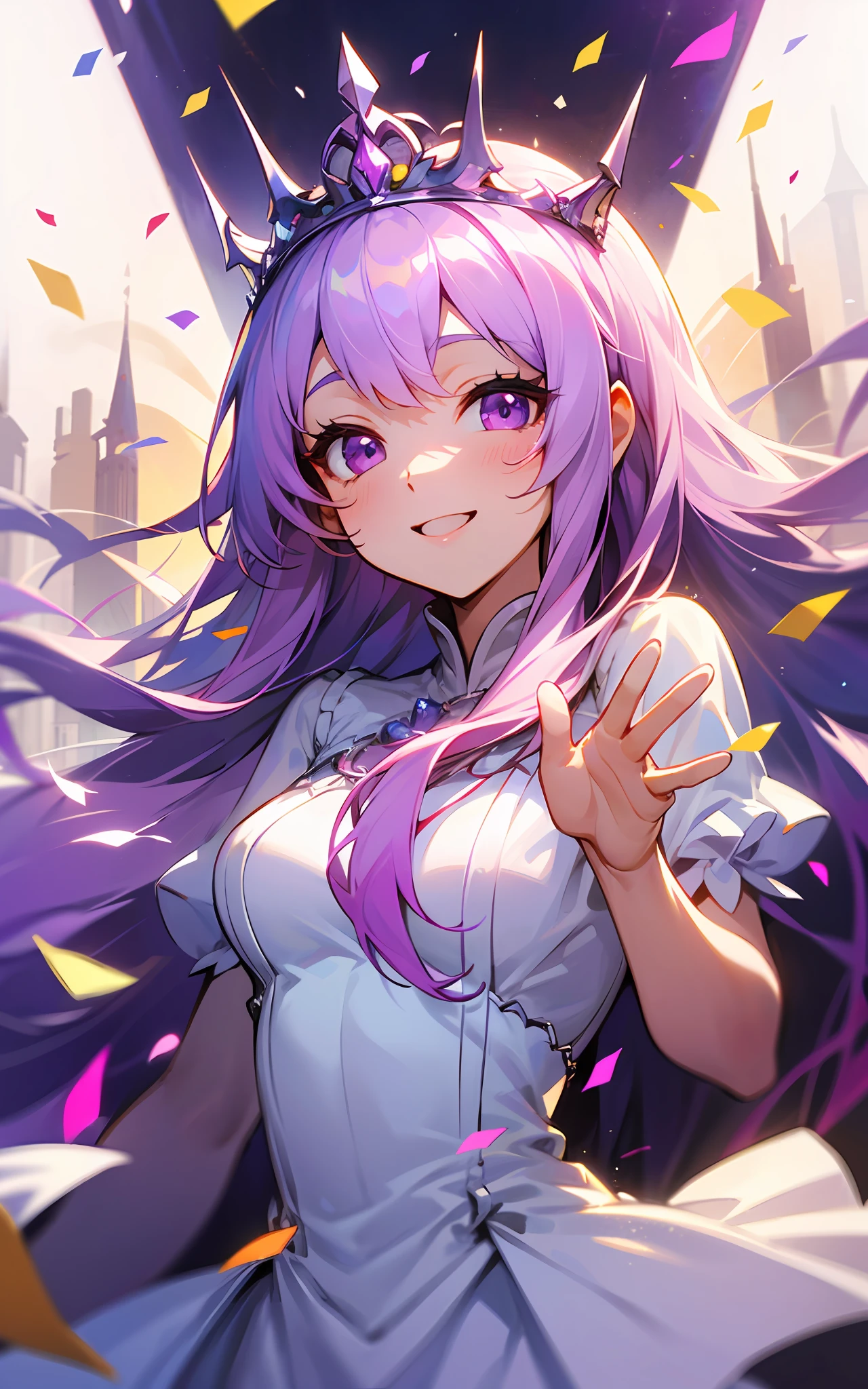 top-quality、hight resolution、detaileds、Long pink hair、Purple eyes、Castle Square、Silver tiara、White princess dress、Shining sunshine、(The whole body is shown)、A smile、(a person々well-wisher)、Confetti flutters、Waving hands、