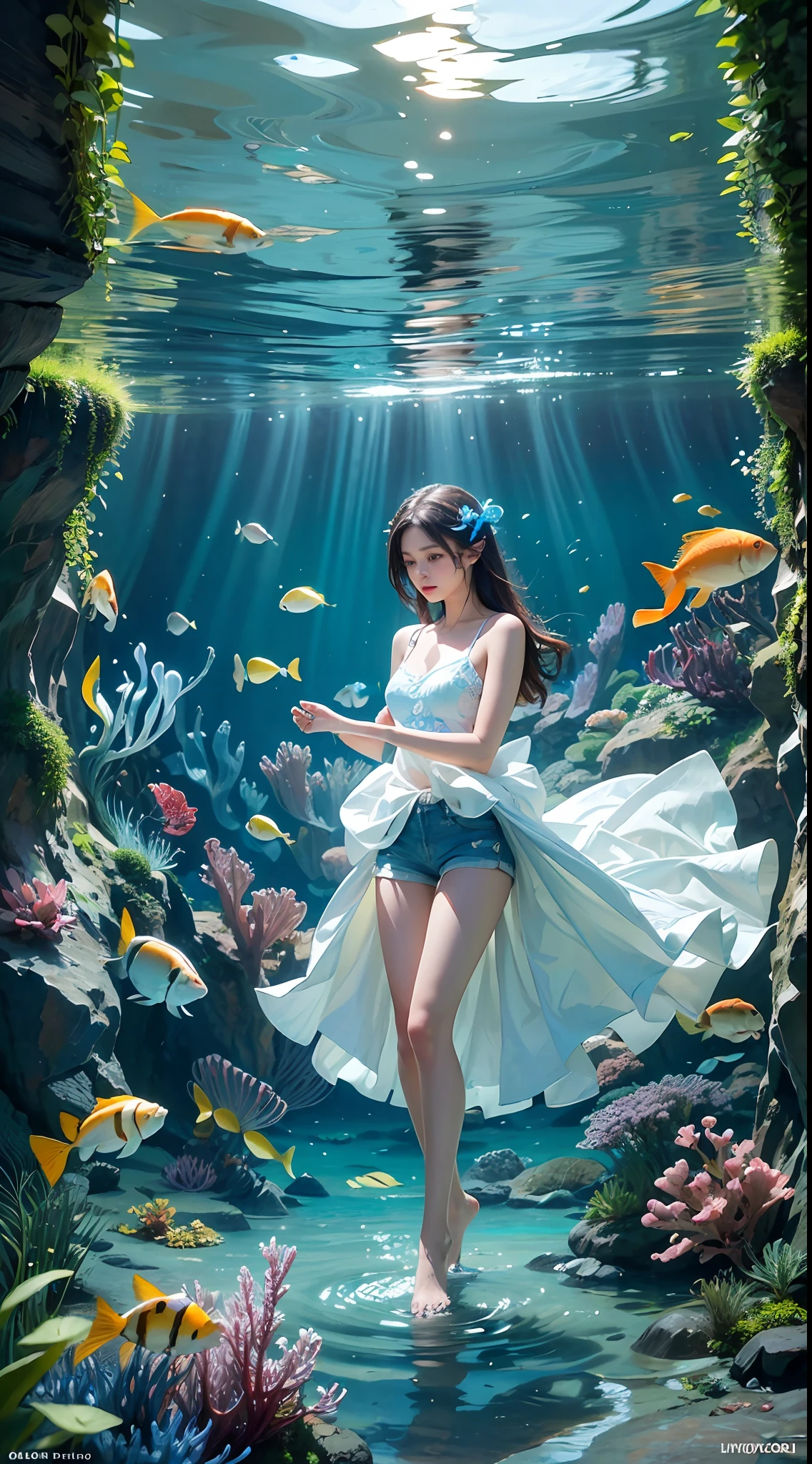 (RAW photo, best quality),(realistic, photo-realistic:1.3),(extremely delicate and beautiful:1.1),
1girl,
white camisole, blue shorts,
(exquisitely detailed skin),
underwater, fishes, plants, fantasy,
best shadow,intricate,
cinematic light,perfect anatomy,(coolcolor:1.4),water,yushuishu,Forest system, (original), Underwater Di,shuixia