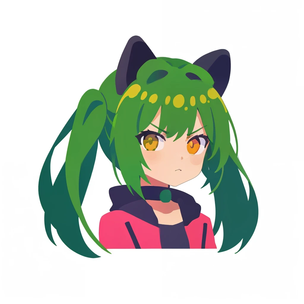 超A high resolution, nffsw, Best aesthetic, Best Quality, masutepiece, ik1、Full body depiction, troubled look、Arms crossed, 1girl in、Jade-colored jacket、cartoon bone、Green Hair Anime Girl, flat anime style,  Black cat ears, Anime girl with black cat ears, digital anime illustration,  Plain white background